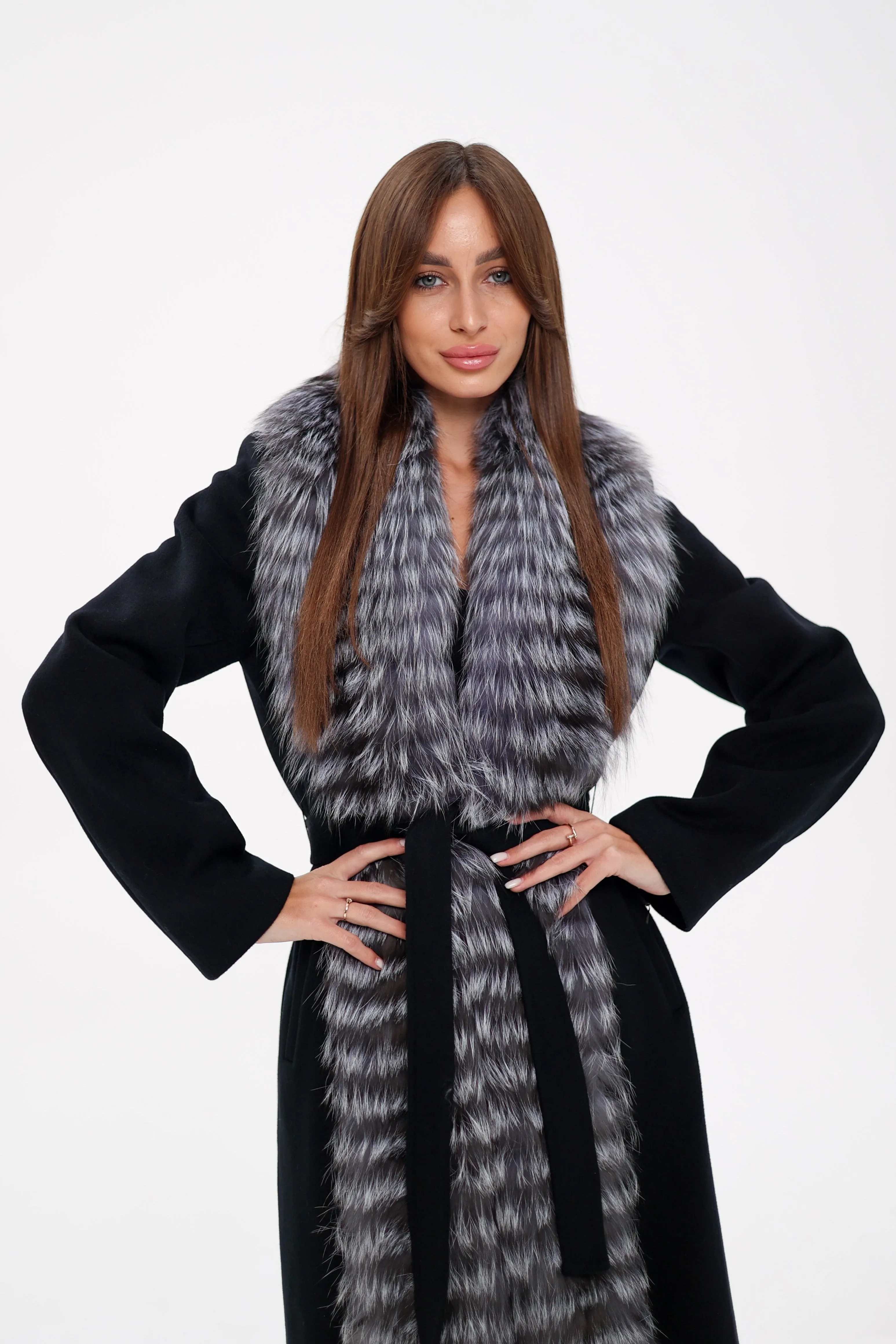 Genuine Silver Fox Virgin Wool Wrap Coat in Black