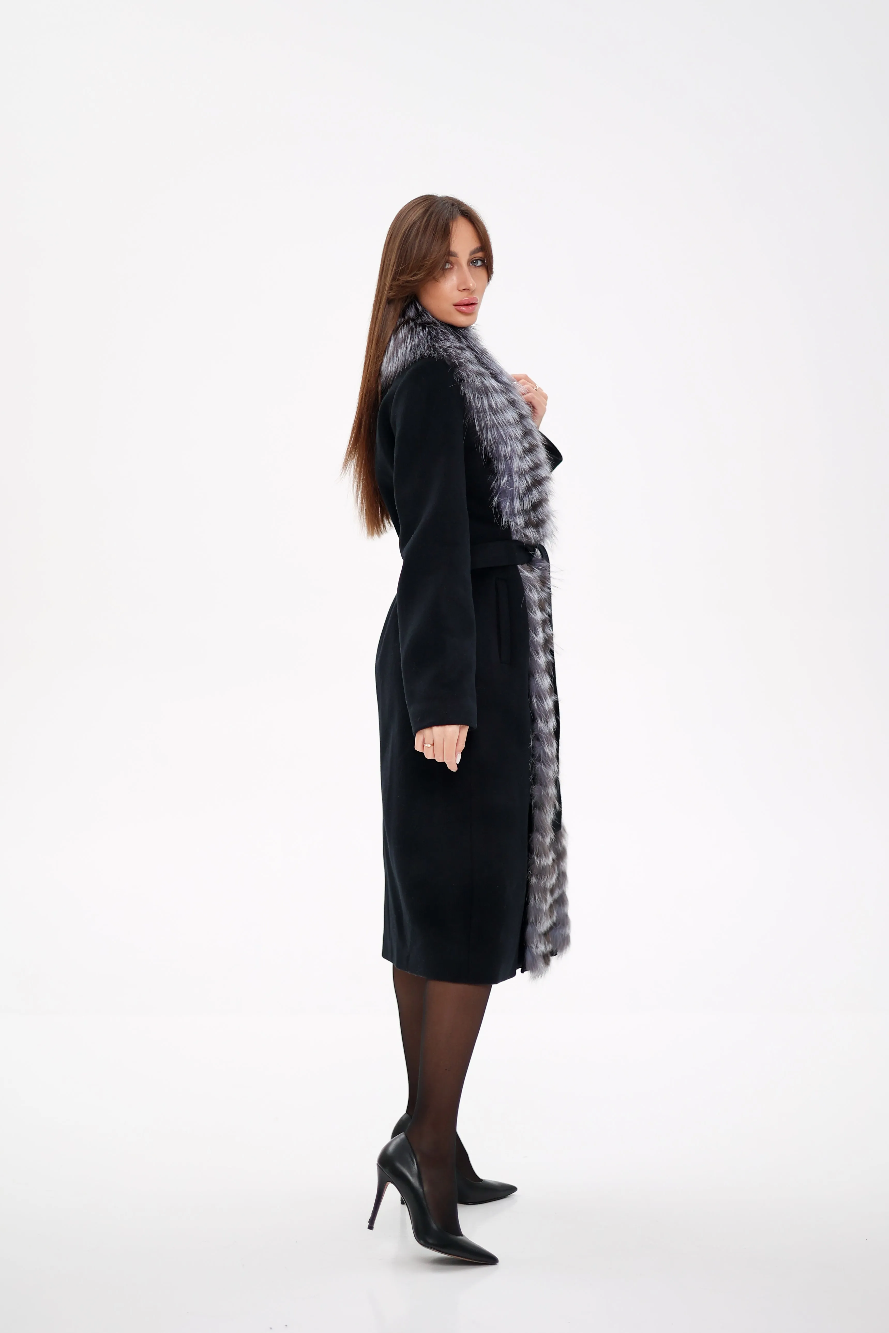 Genuine Silver Fox Virgin Wool Wrap Coat in Black