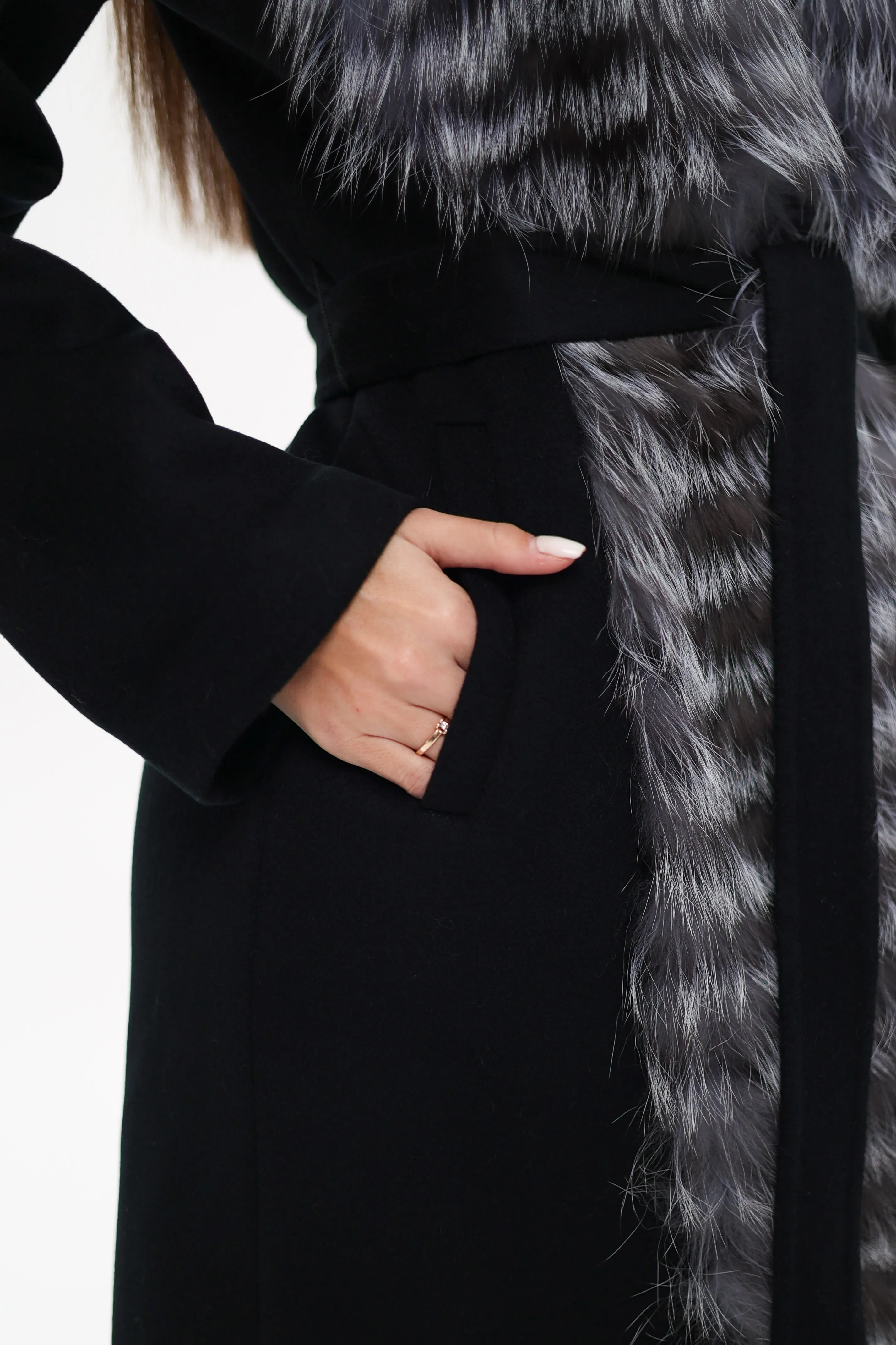 Genuine Silver Fox Virgin Wool Wrap Coat in Black