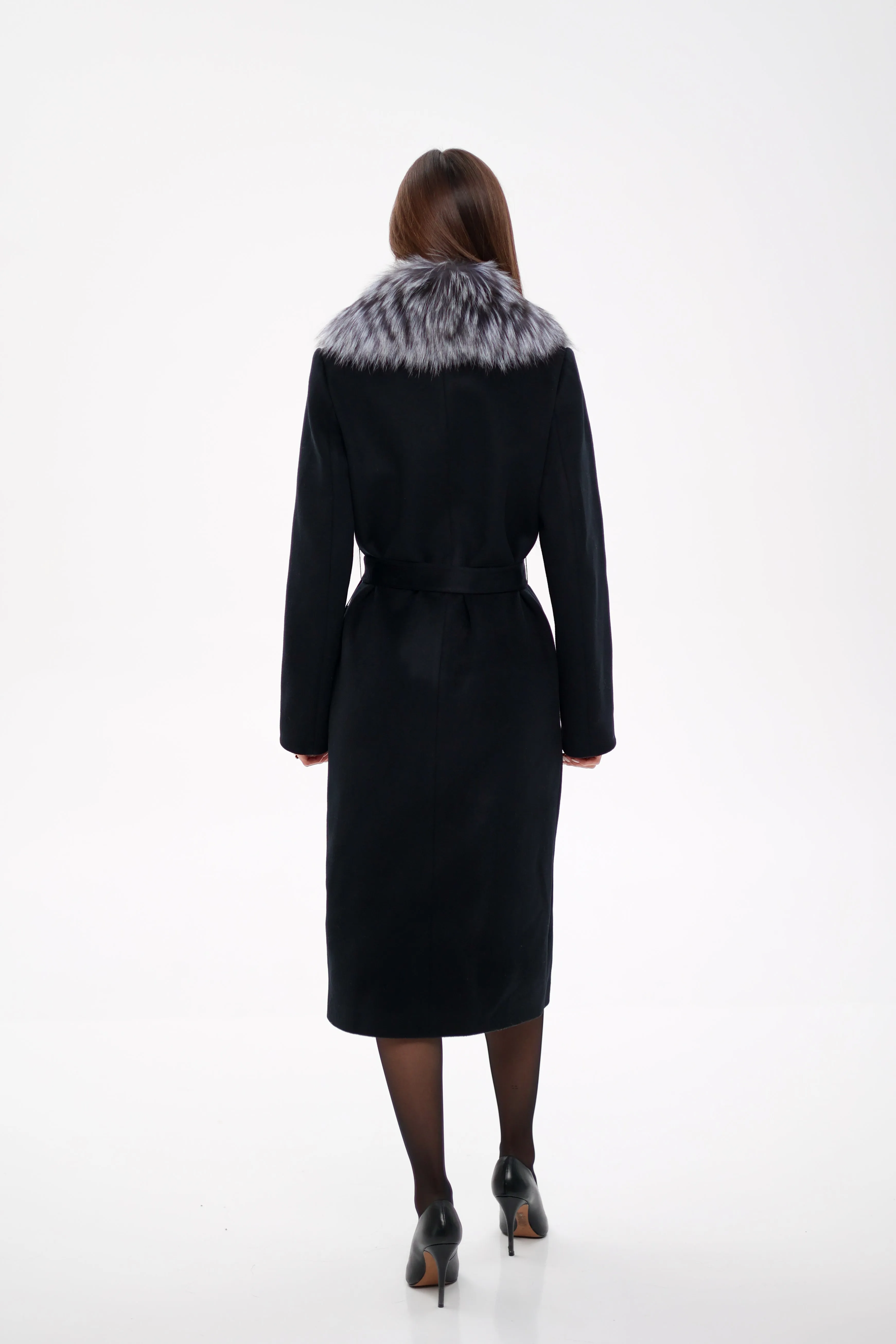 Genuine Silver Fox Virgin Wool Wrap Coat in Black