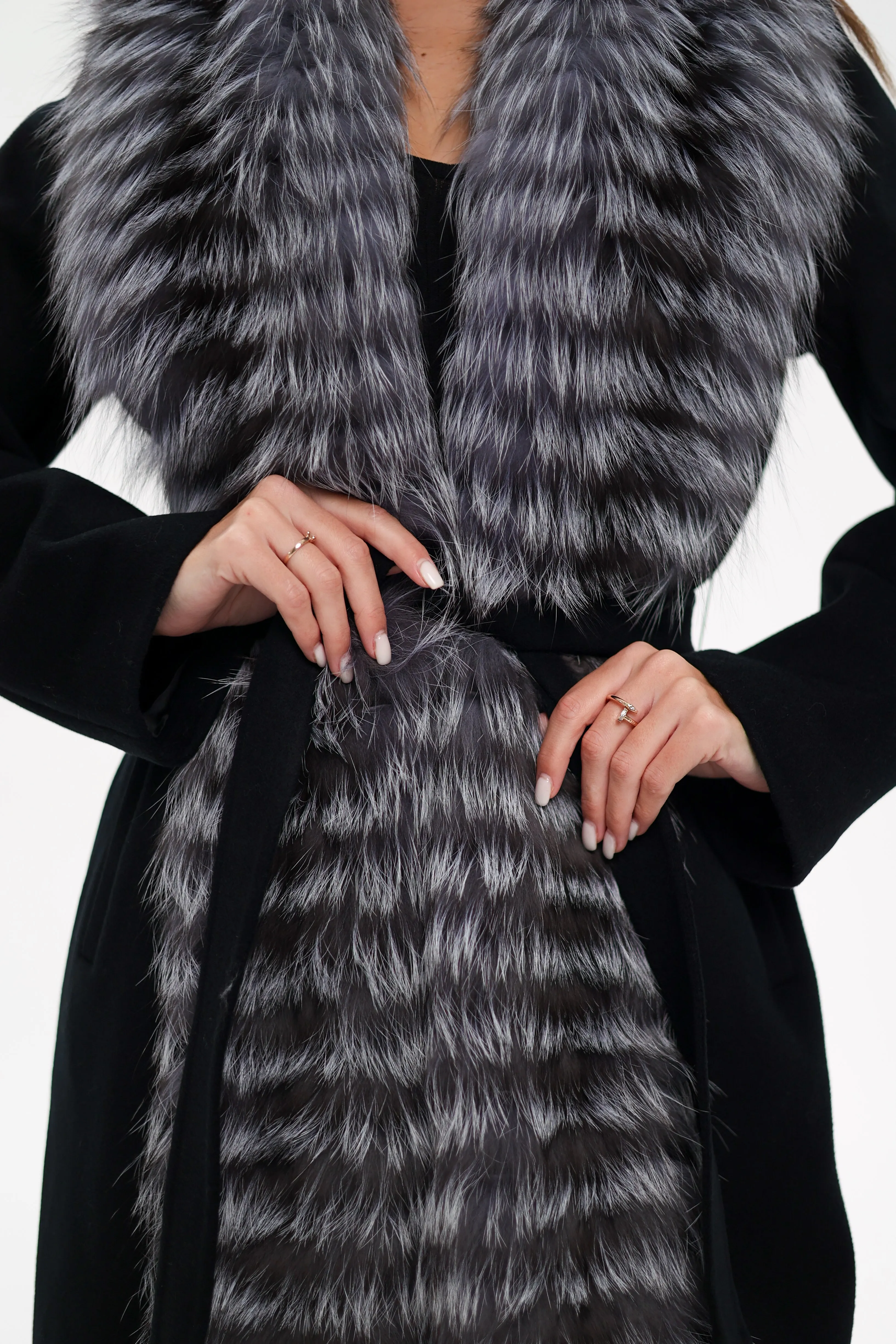 Genuine Silver Fox Virgin Wool Wrap Coat in Black