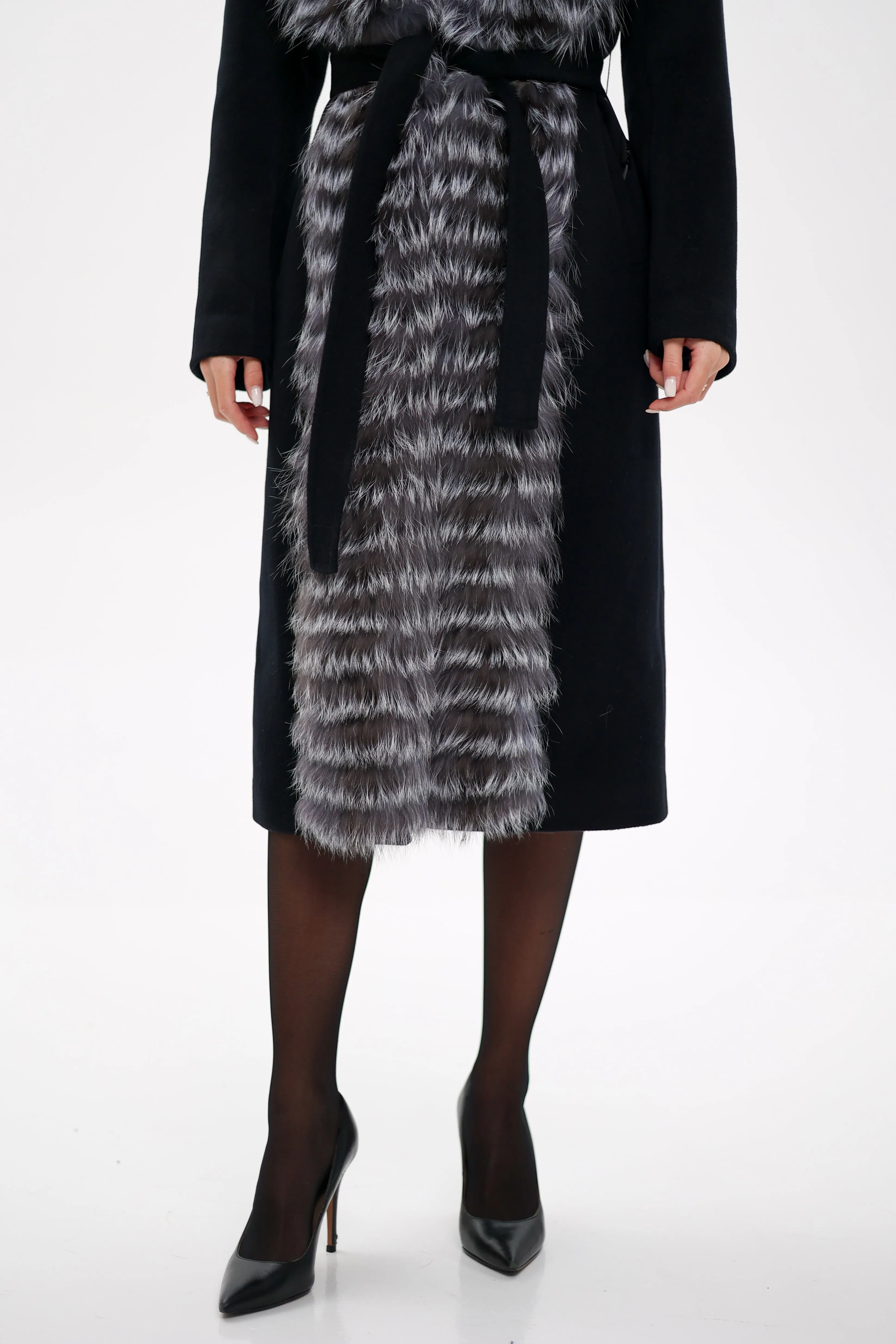 Genuine Silver Fox Virgin Wool Wrap Coat in Black