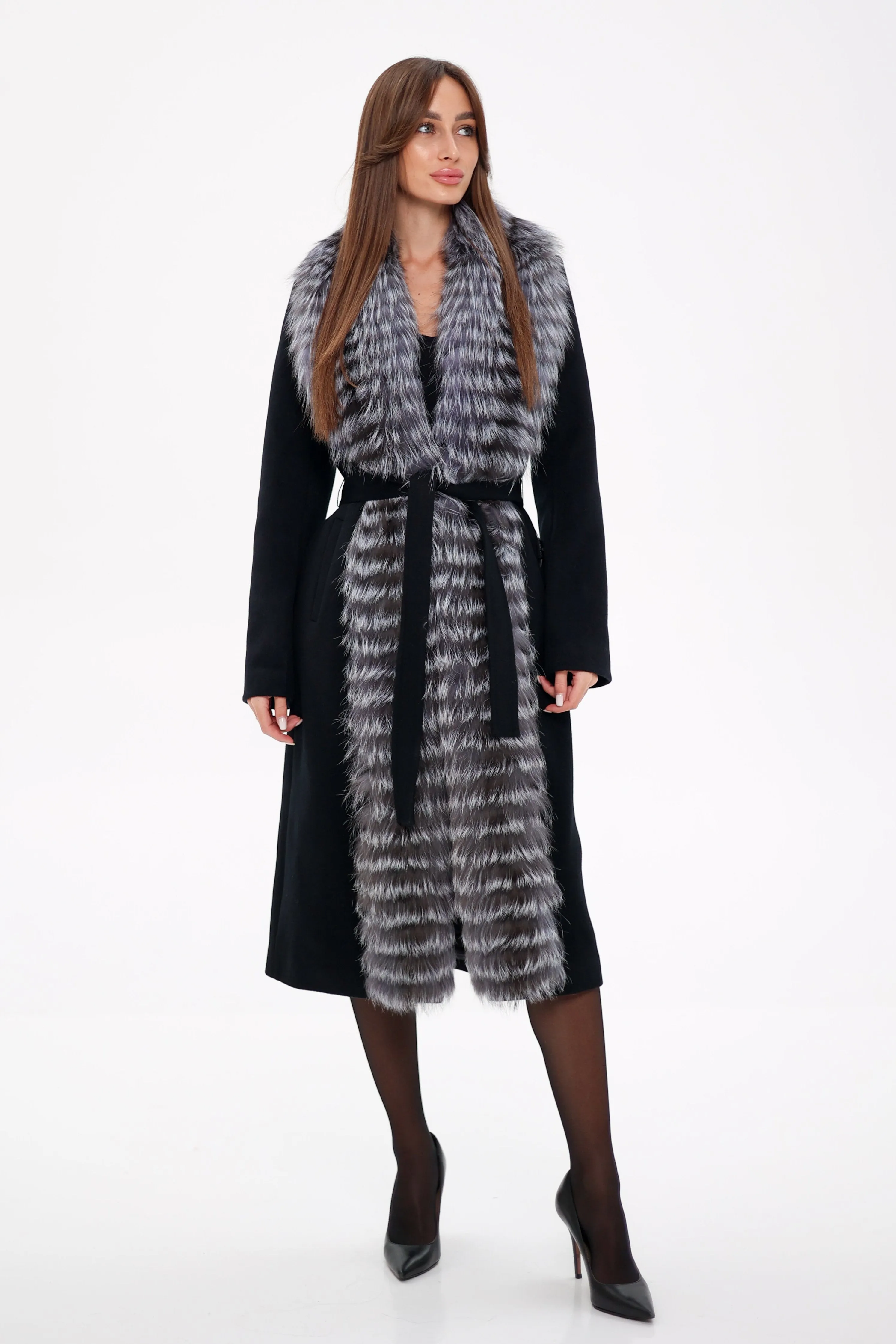 Genuine Silver Fox Virgin Wool Wrap Coat in Black