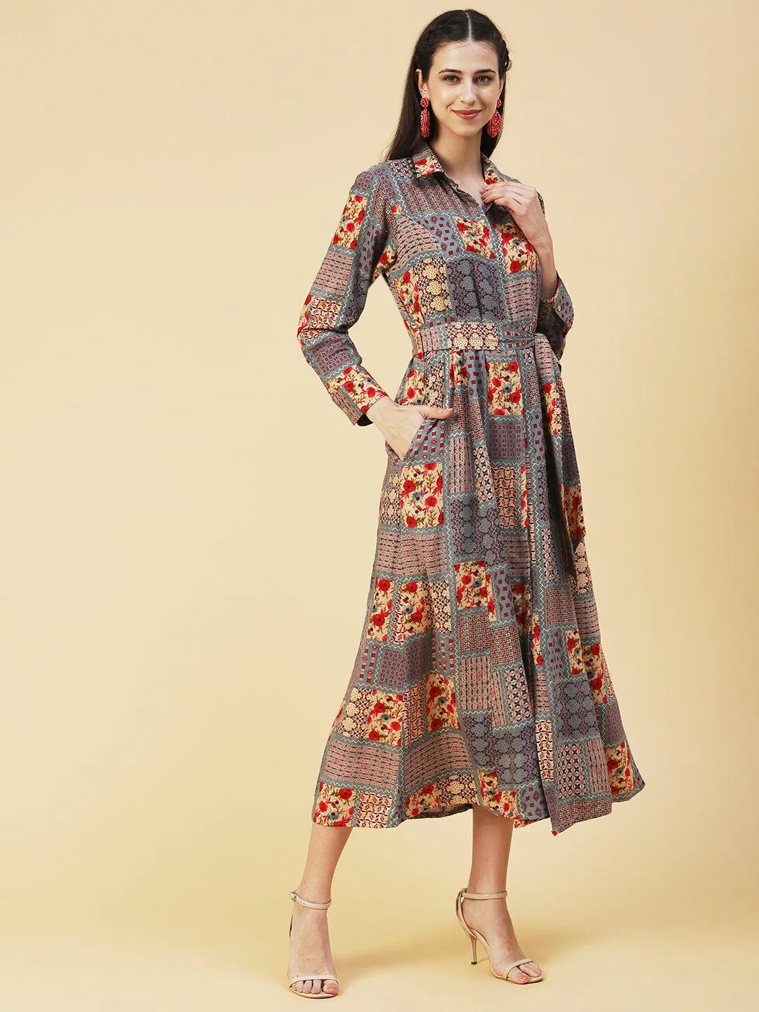 Geometric Floral Printed A-line Flared Midi Dress - Multi