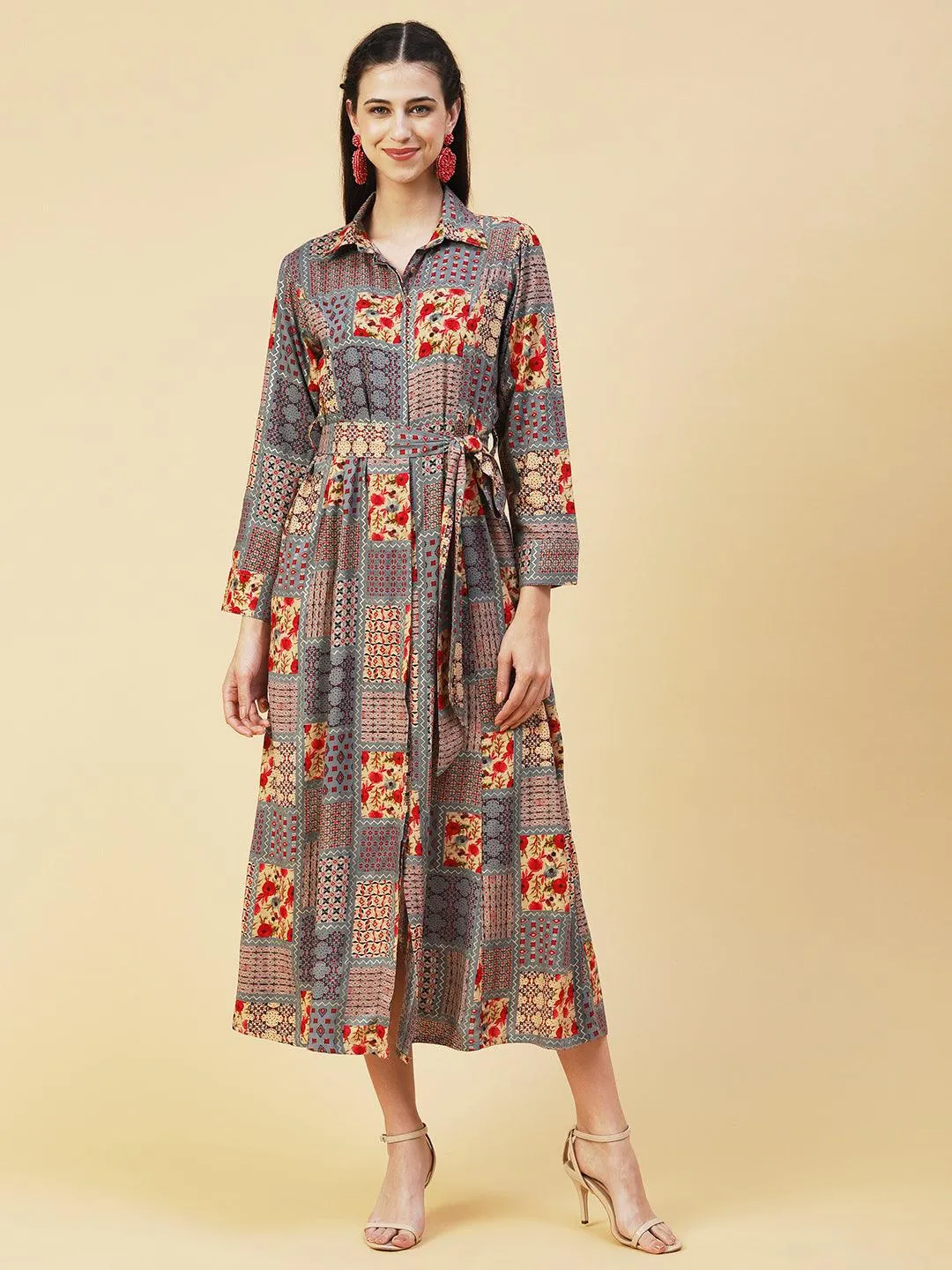 Geometric Floral Printed A-line Flared Midi Dress - Multi