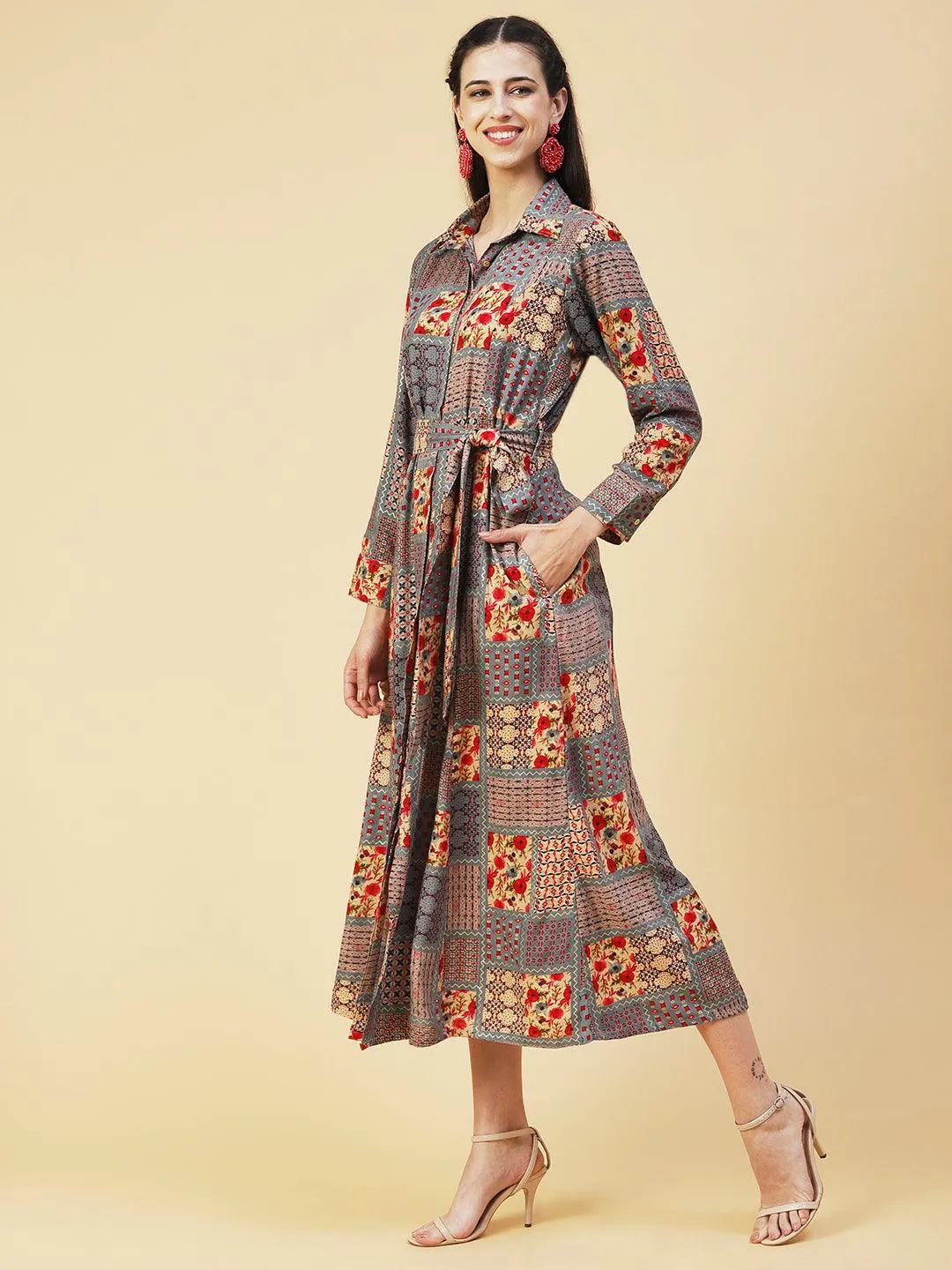 Geometric Floral Printed A-line Flared Midi Dress - Multi