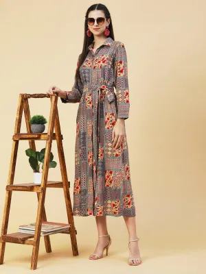 Geometric Floral Printed A-line Flared Midi Dress - Multi