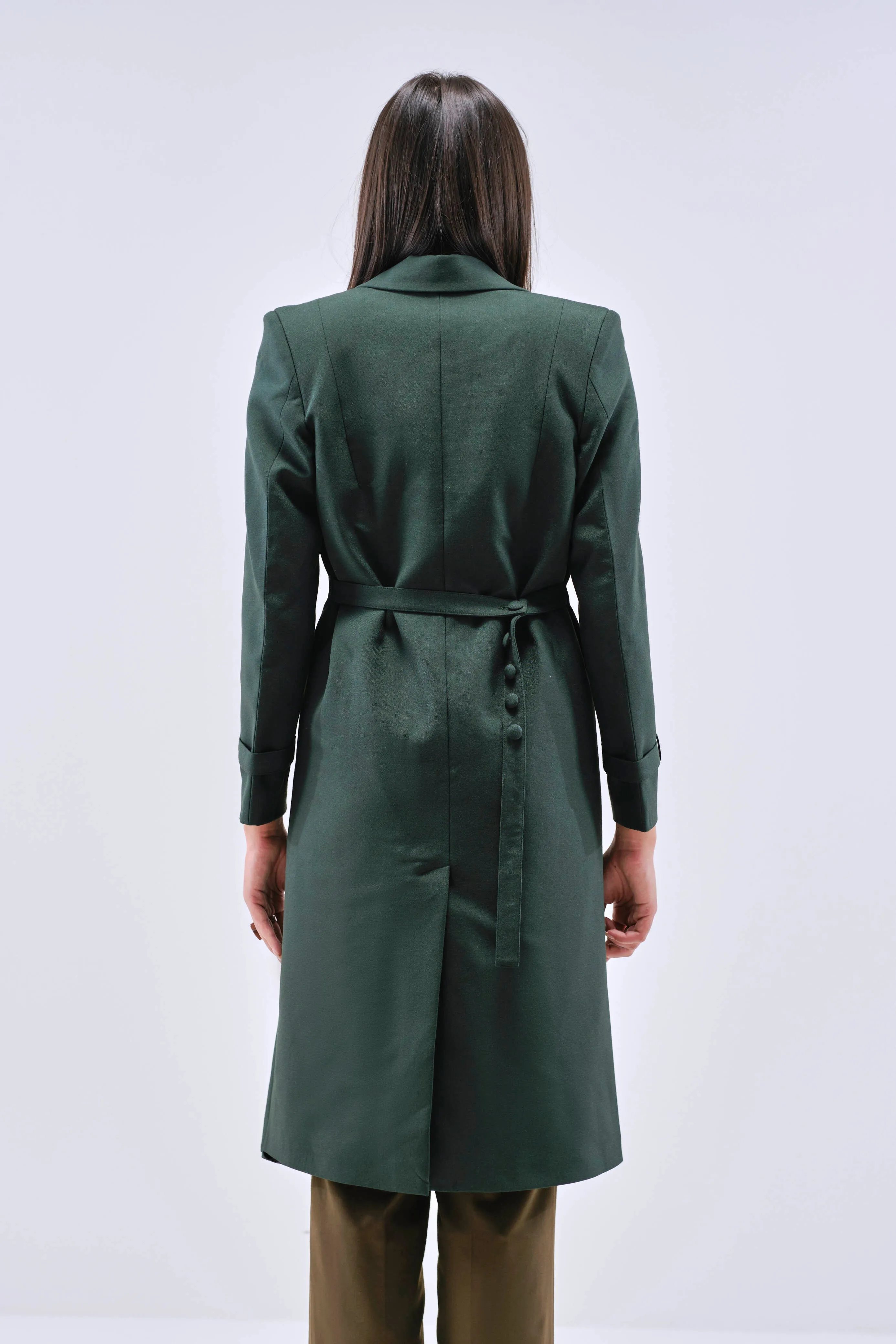 Green Belted Long Coat for Women