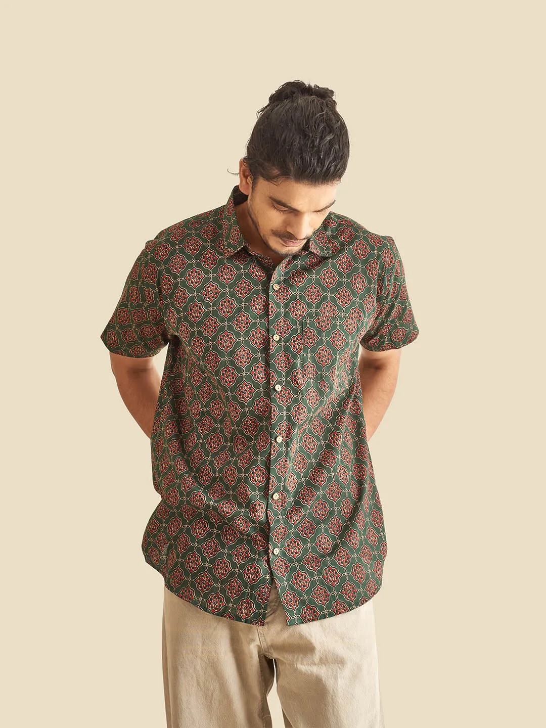 Green Ethnic Block Printed Festive Halfsleeves Cotton Shirt