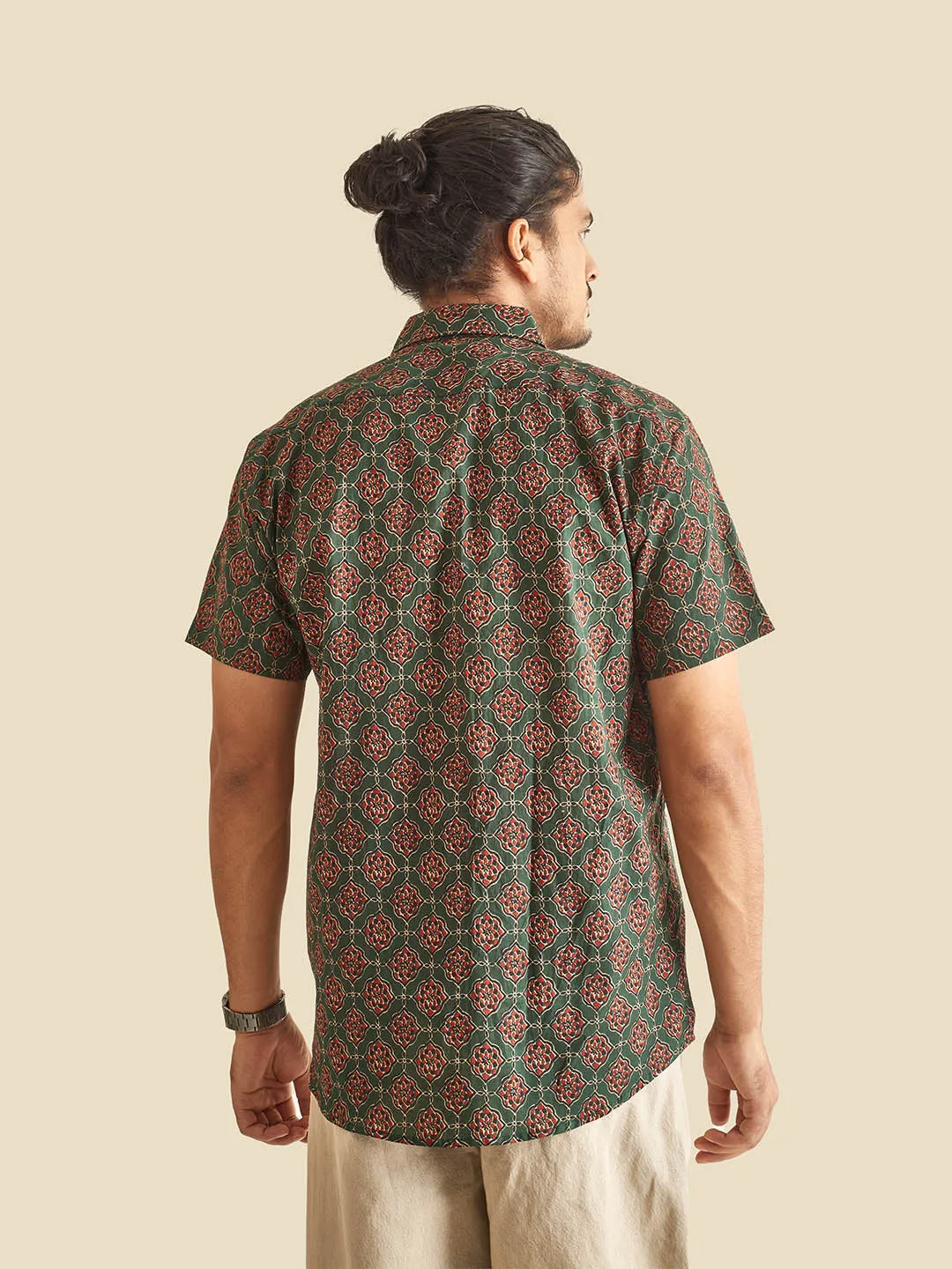 Green Ethnic Block Printed Festive Halfsleeves Cotton Shirt