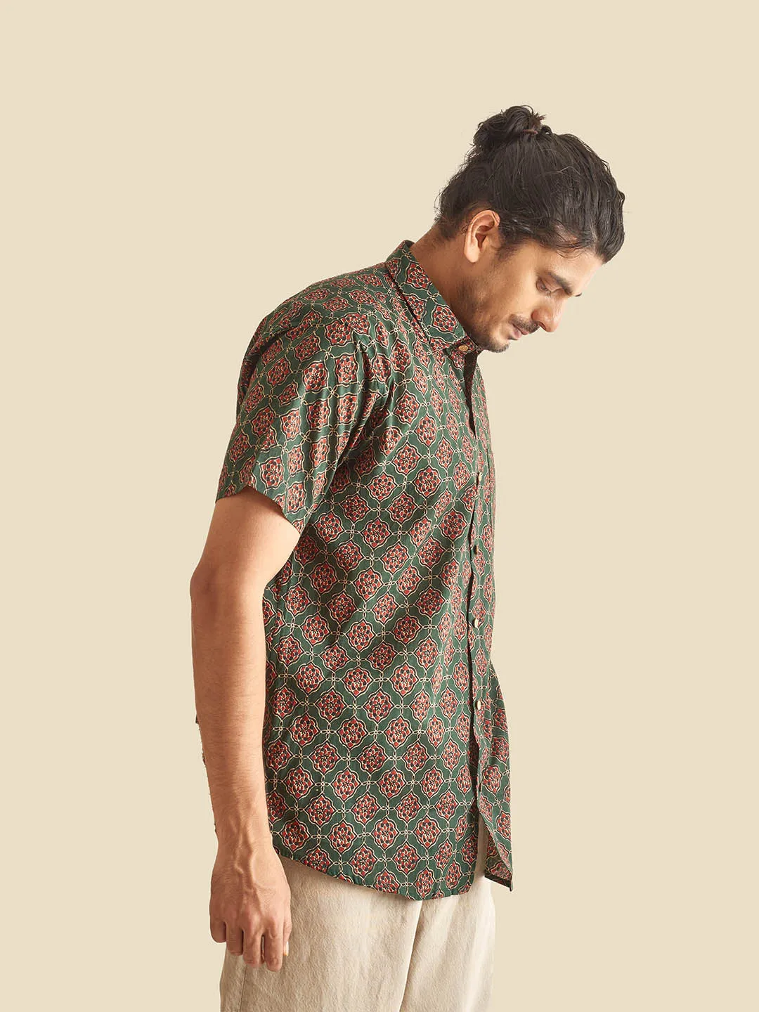 Green Ethnic Block Printed Festive Halfsleeves Cotton Shirt