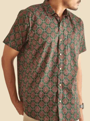 Green Ethnic Block Printed Festive Halfsleeves Cotton Shirt