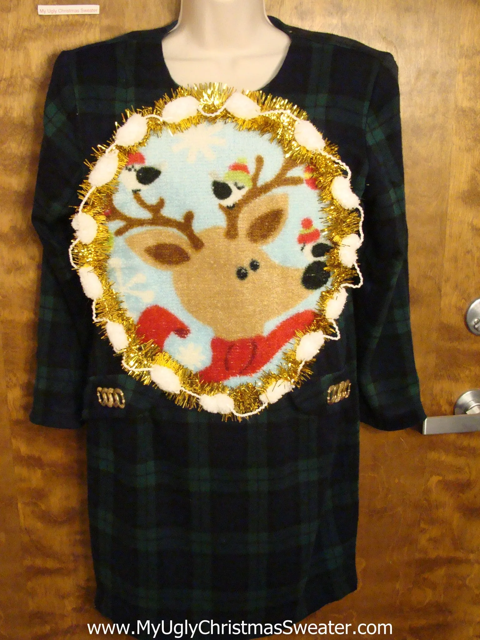 Green Plaid Christmas Dress with Reindeer