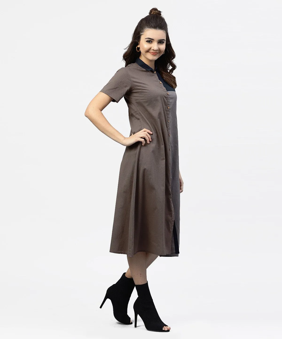 Grey And Blue Color Blocking A-Line Dress With Shirt Collar And Half Sleeves