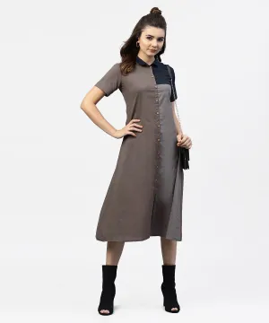 Grey And Blue Color Blocking A-Line Dress With Shirt Collar And Half Sleeves