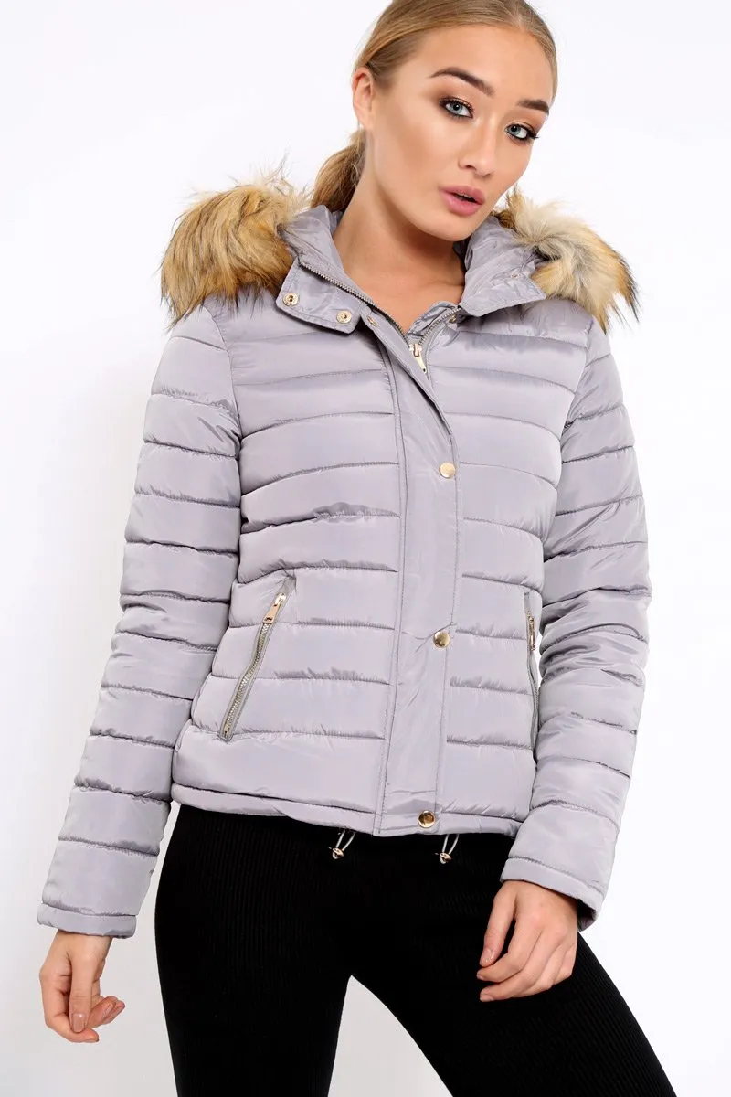 Grey Padded Coat with Fur Trim Hood - Helena