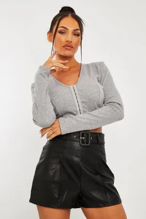 Grey Ribbed Hook Fastening Crop Top - Piper