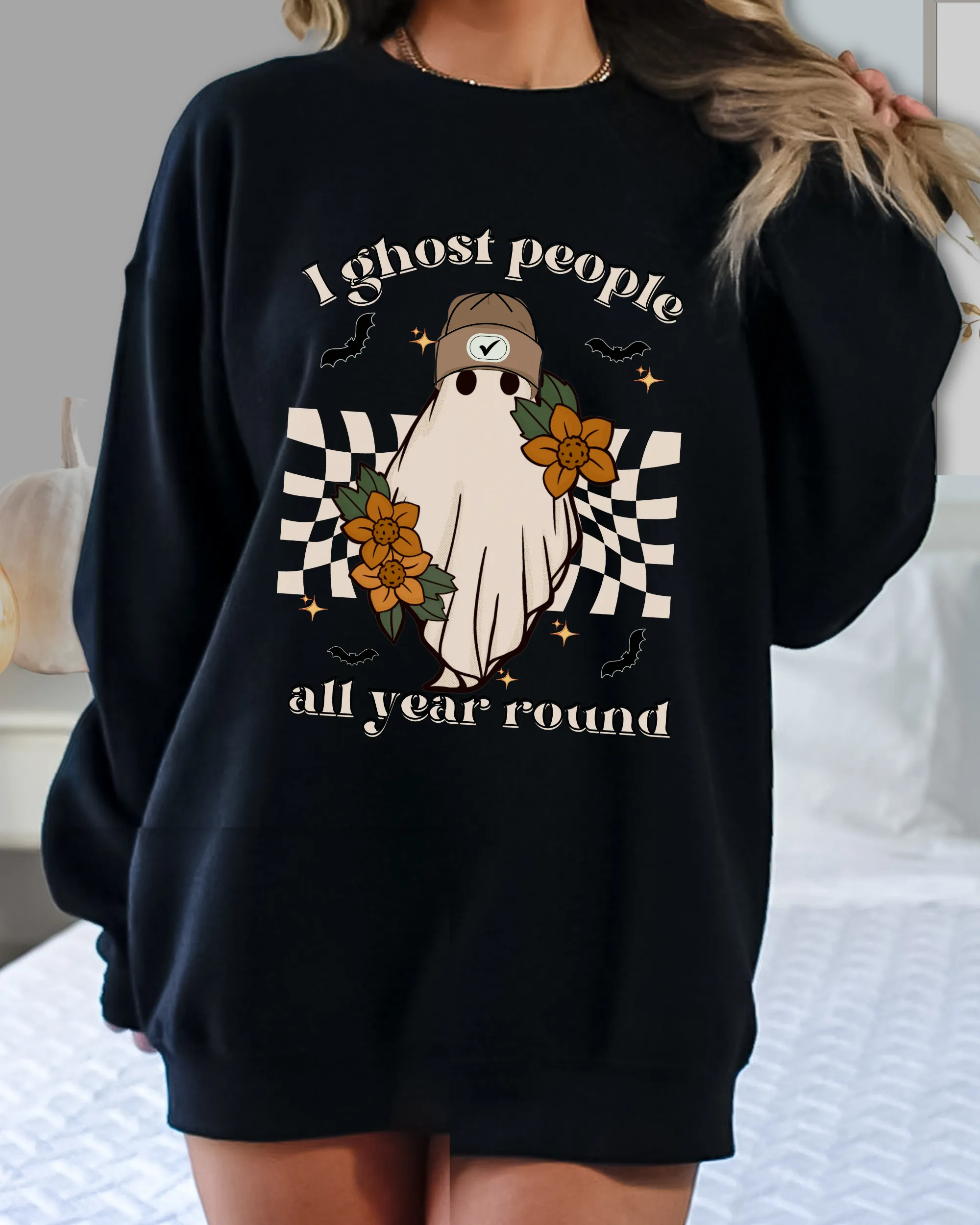 Halloween, I Ghost People All Your Round Retro Design Pullover Sweatshirt