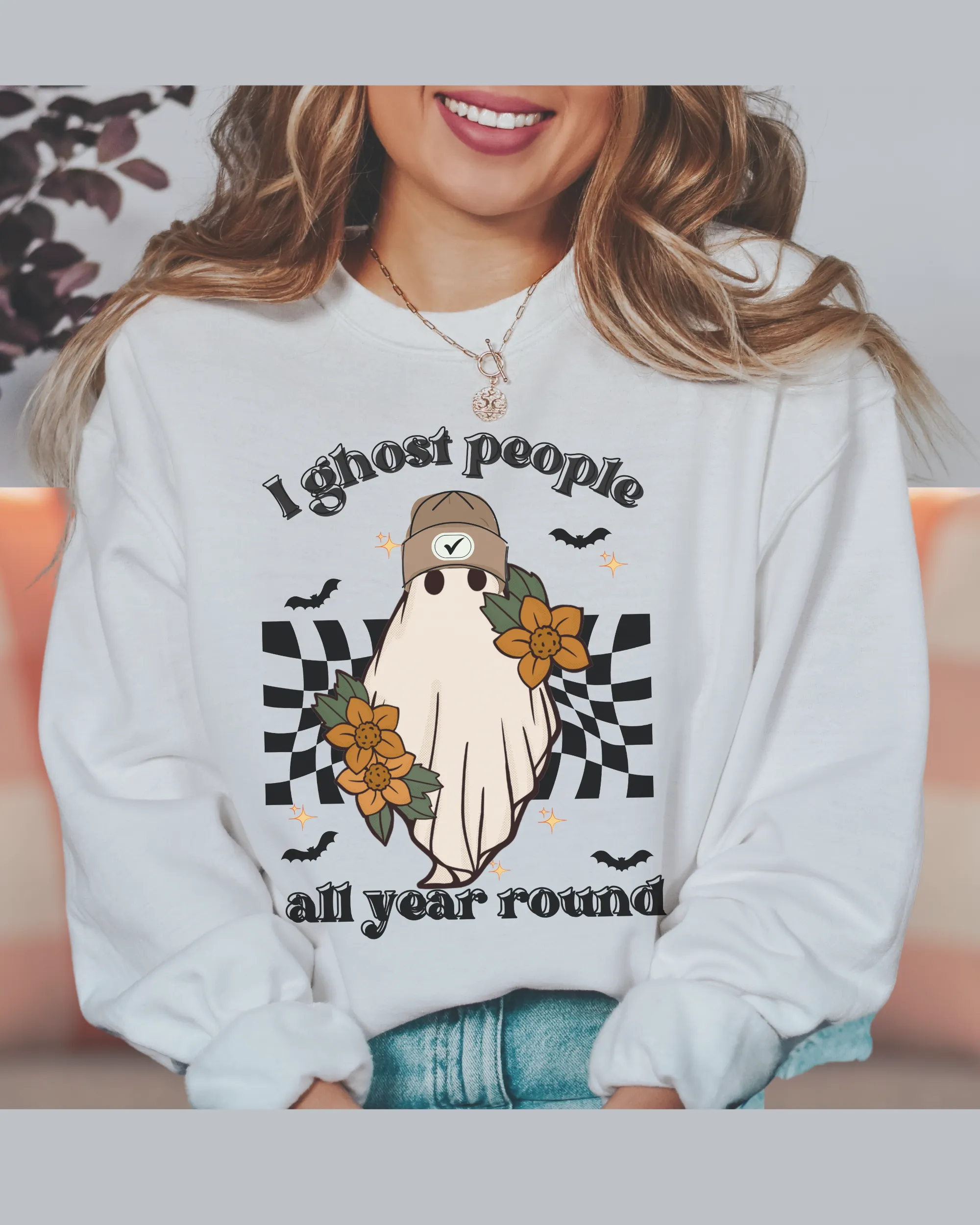 Halloween, I Ghost People All Your Round Retro Design Pullover Sweatshirt