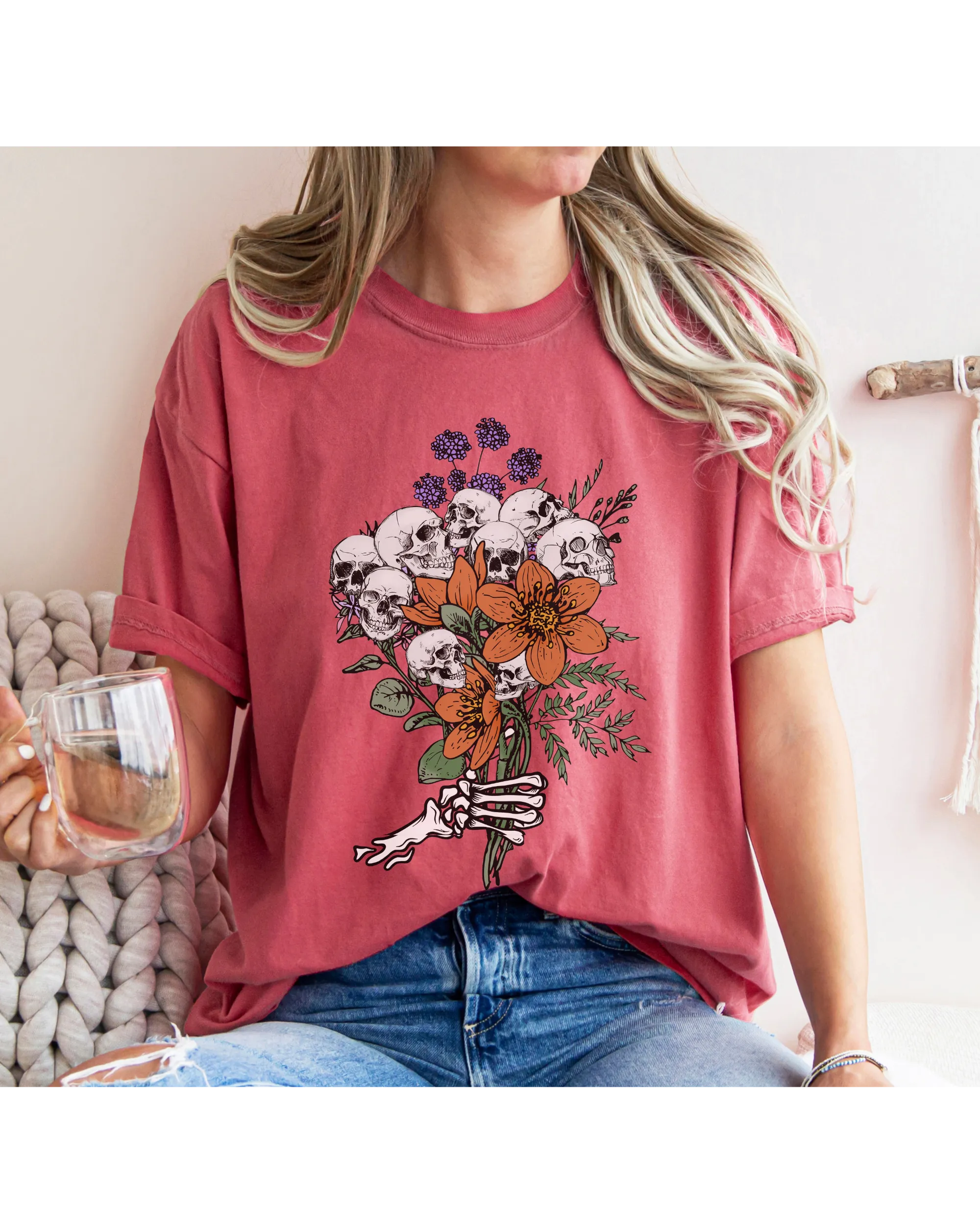 Halloween Skeletons Retro Flower Bouquet Comfort Colors® T-Shirt Women's Fall Halloween Colors T-Shirt