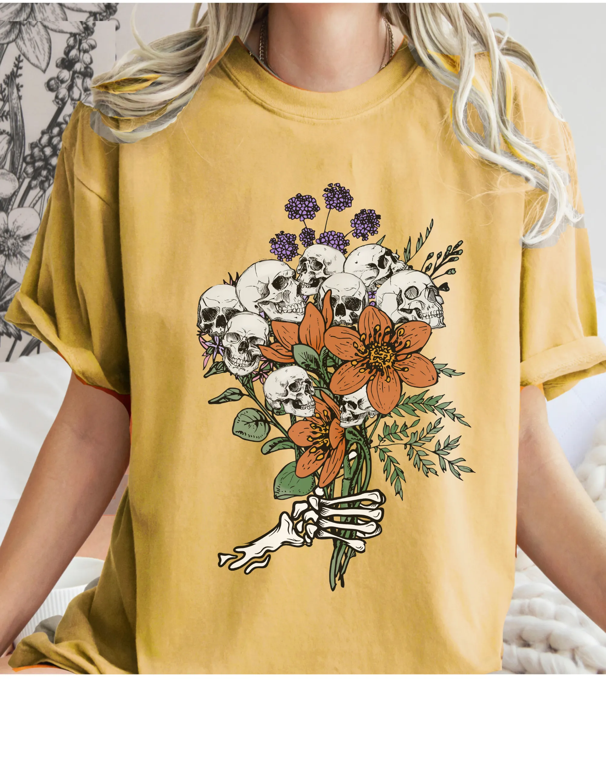 Halloween Skeletons Retro Flower Bouquet Comfort Colors® T-Shirt Women's Fall Halloween Colors T-Shirt