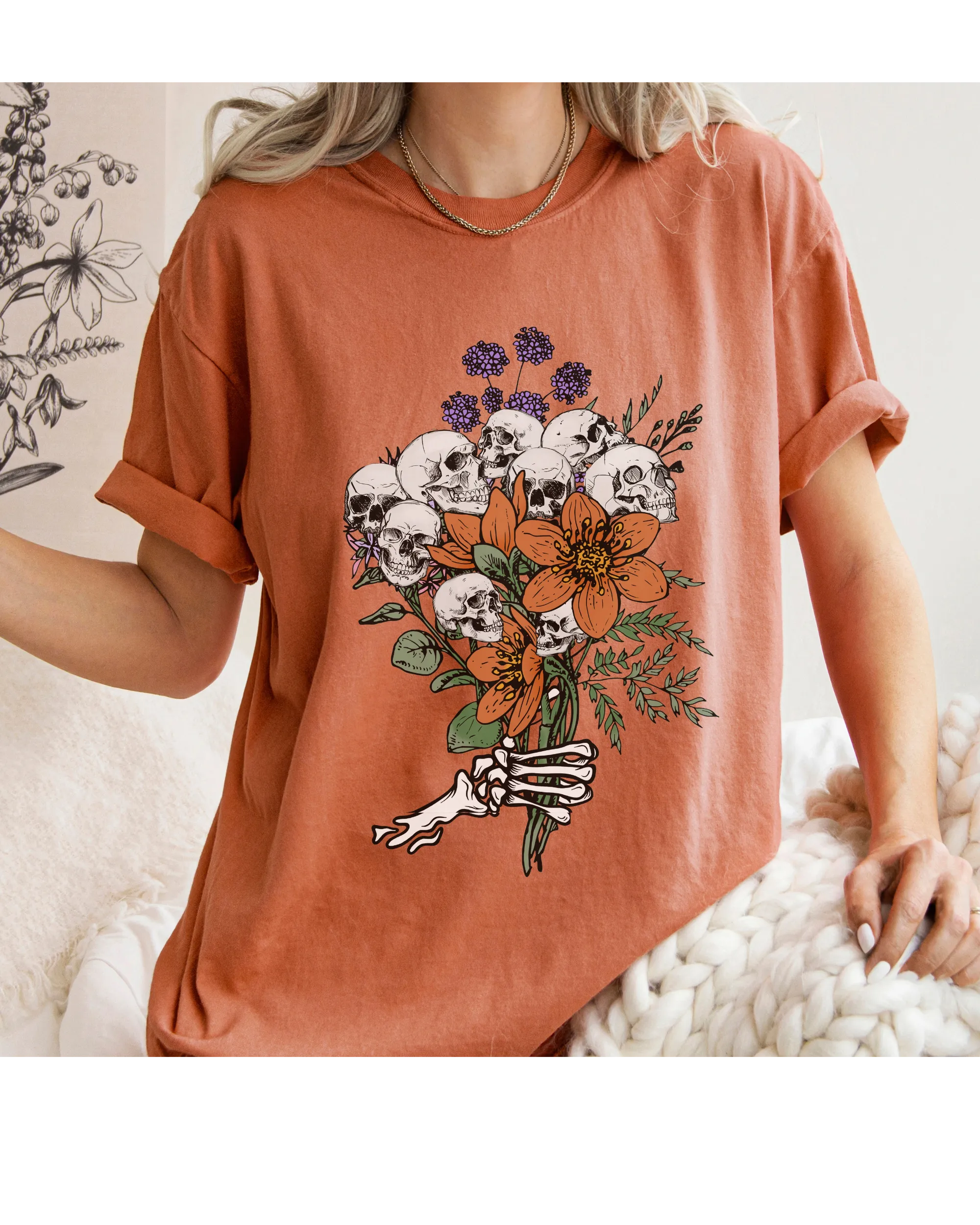 Halloween Skeletons Retro Flower Bouquet Comfort Colors® T-Shirt Women's Fall Halloween Colors T-Shirt