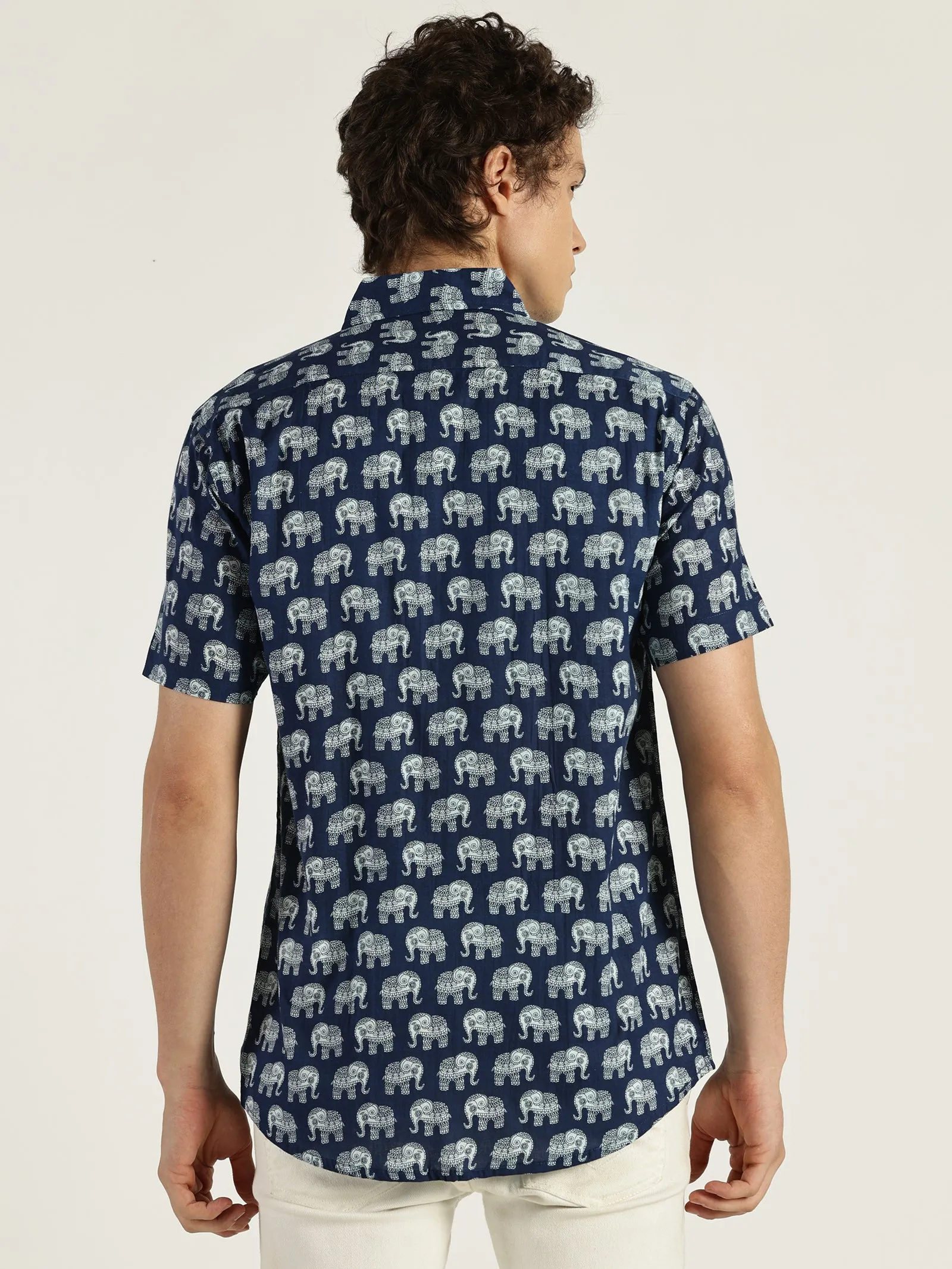 Indigo Ethnic Elephant Printed Halfsleeves Cotton Shirt