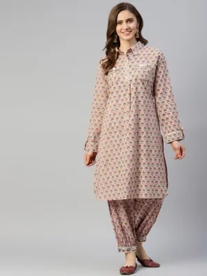 Jashvi Beige Cotton Shirt Style Kurta Hem Cuffed Pant Co-ord Set