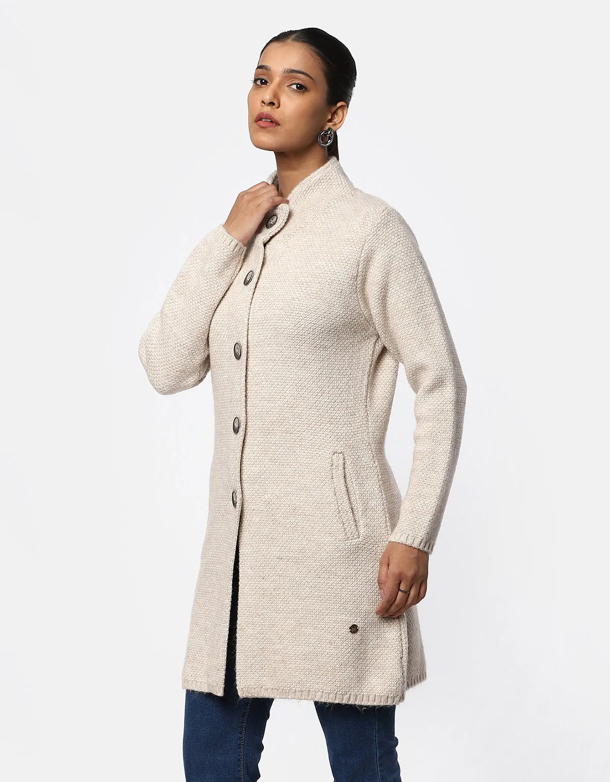 Knitted Ban Neck Long Coat with Fancy bottons