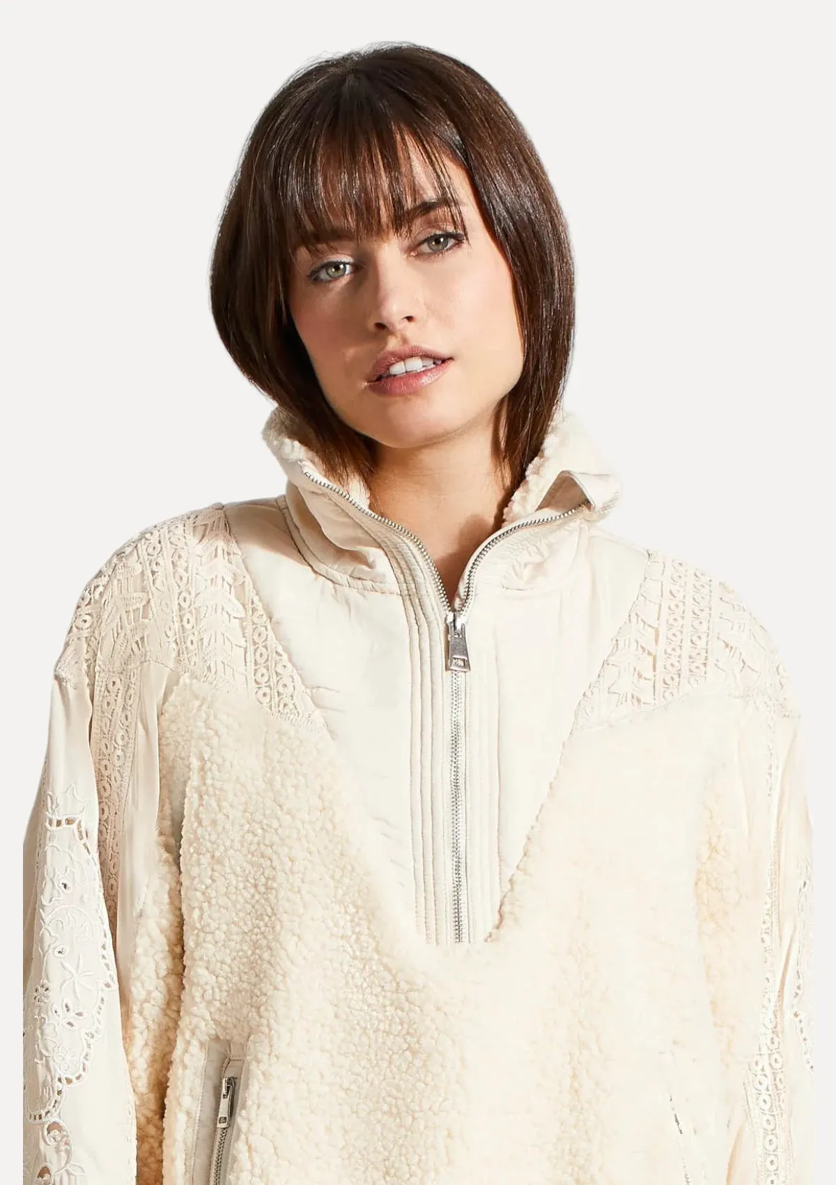 Leila Long Sleeve Zip Front Pullover With Mixed Media - Moonstone