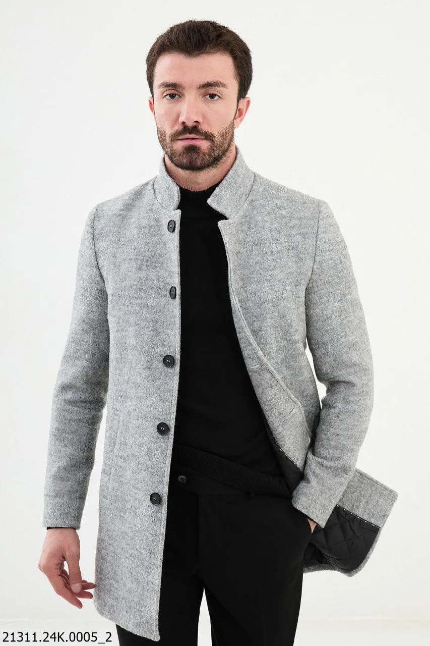 Light Gray Stand Collar Fall-Winter Cotton Blend Coat