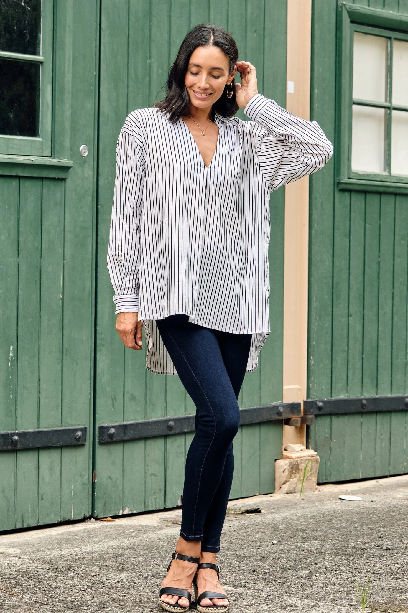 Lynette Collared Long Sleeve Shirt Striped Black with Lurex