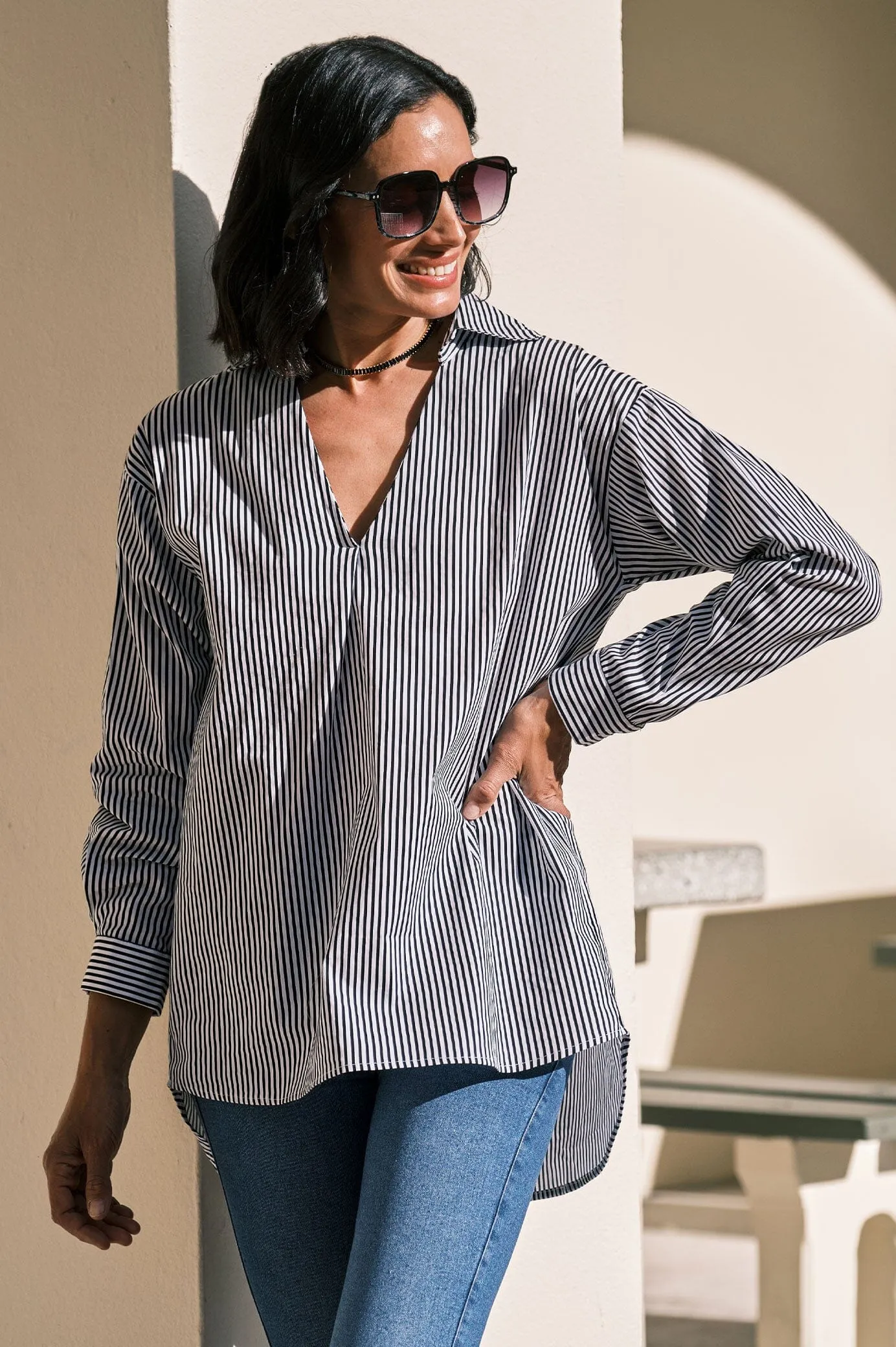 Lynette Collared Long Sleeve Shirt Striped Black