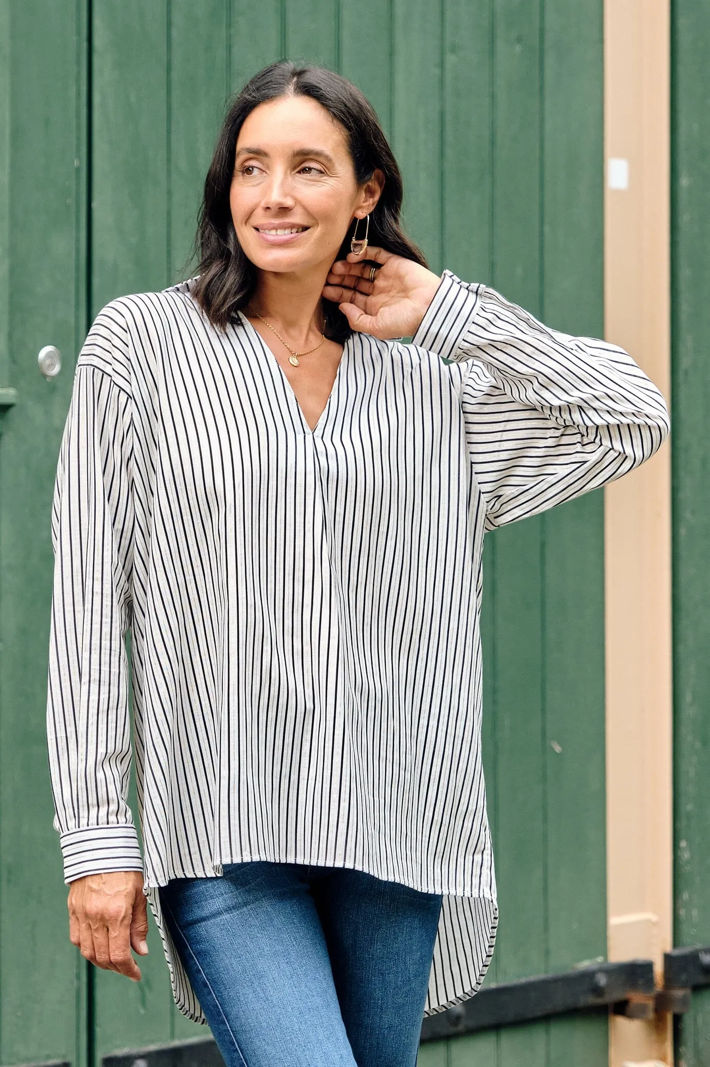 Lynette Collared Long Sleeve Shirt Striped Navy with Lurex