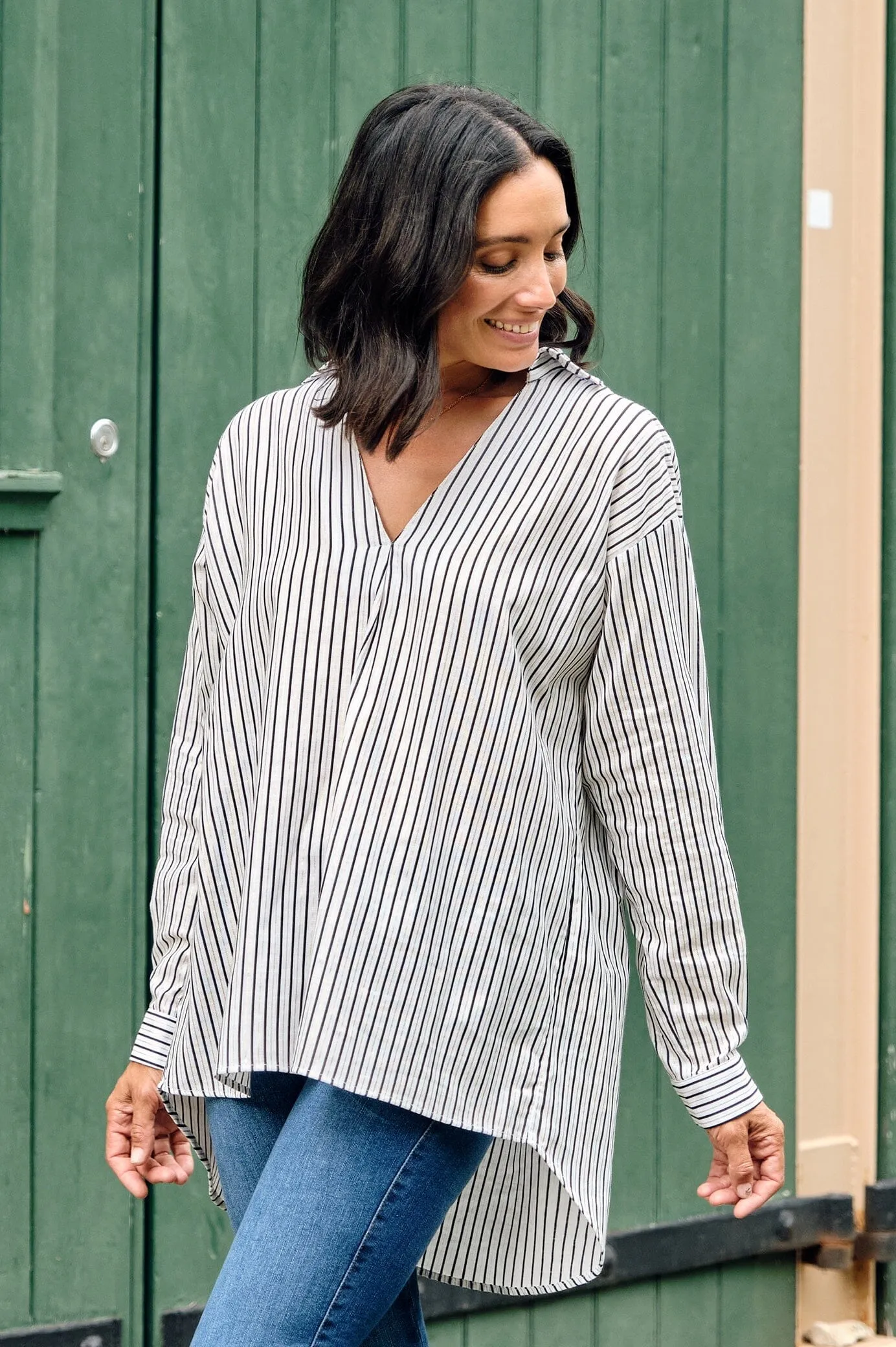 Lynette Collared Long Sleeve Shirt Striped Navy with Lurex