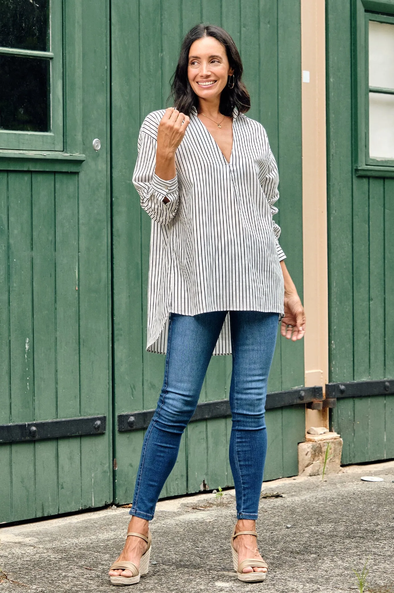 Lynette Collared Long Sleeve Shirt Striped Navy with Lurex