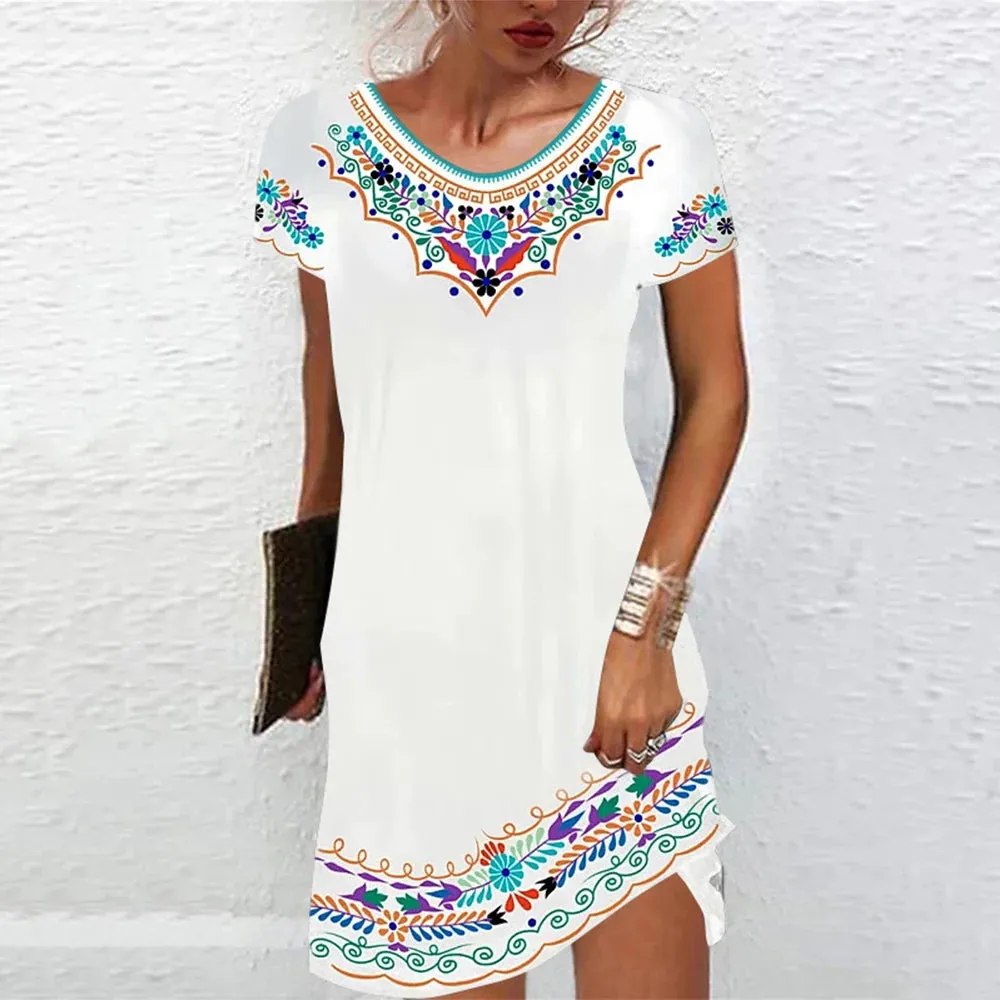 M-3XL Vintage Elegant Ethnic Dress for Women 2023 Summer Loose Bohemian Beach Midi Dress Casual Female Clothing Pullover Skirt