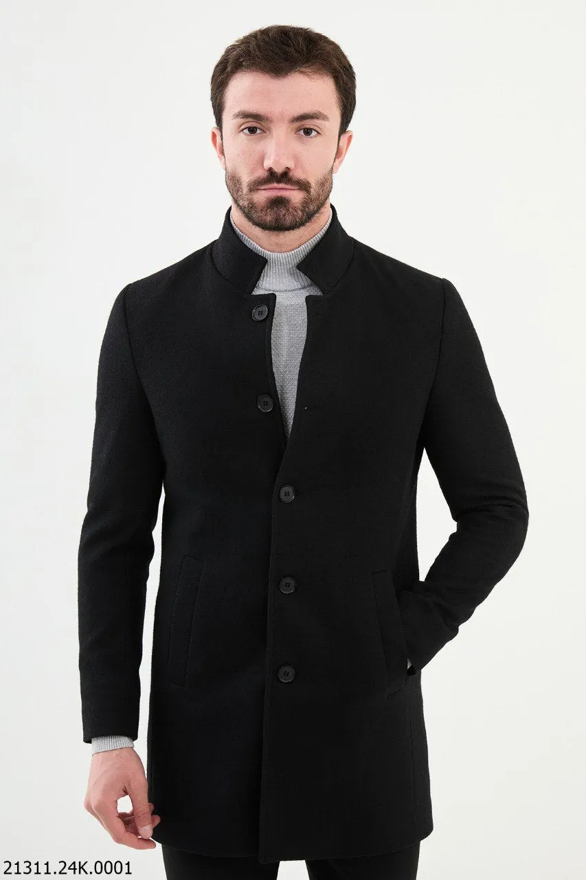 Men's Black Collar Cotton Blend Winter Coat