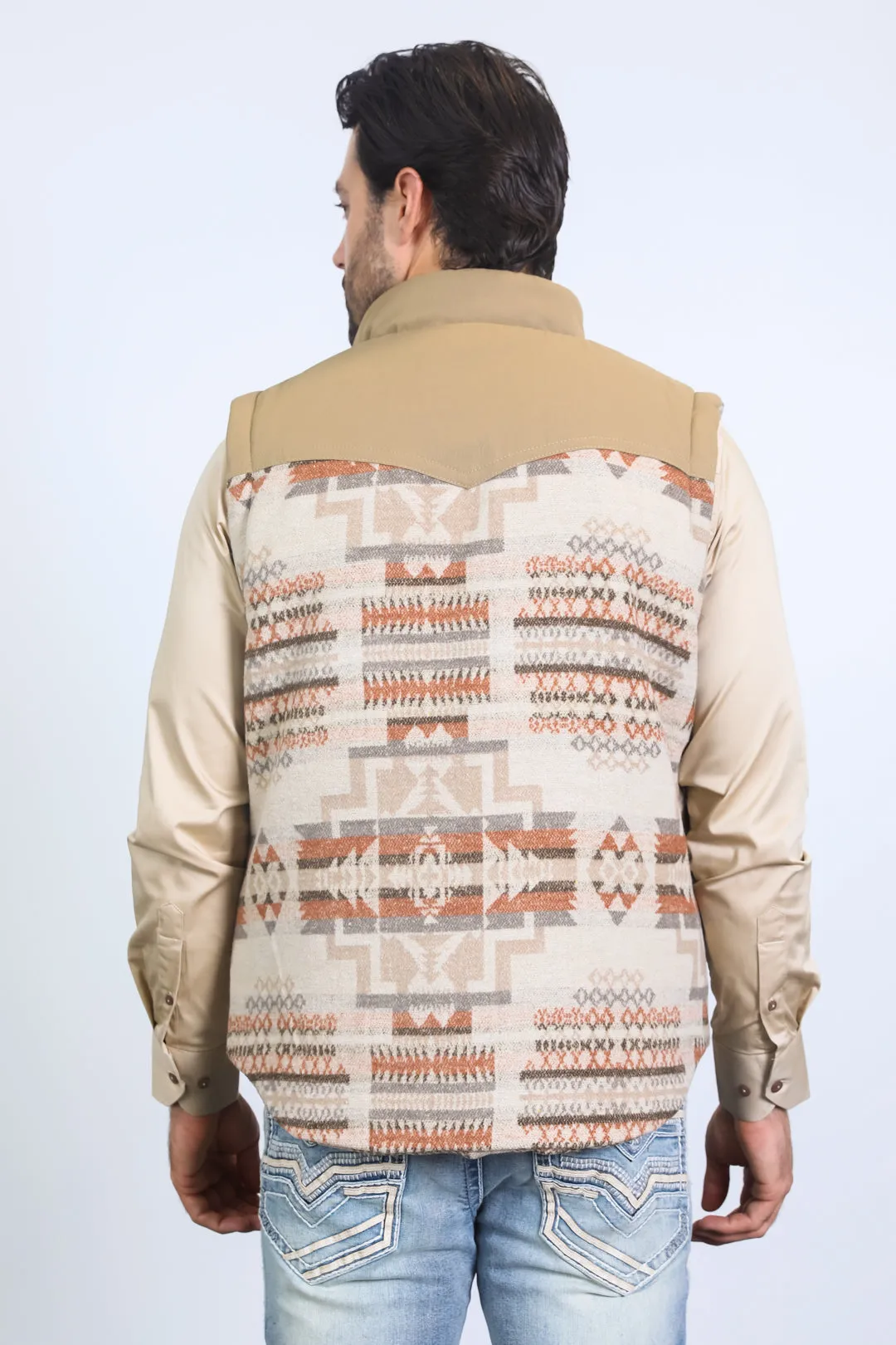 Mens Ethnic Aztec Quilted Fur Lined Beige Vest