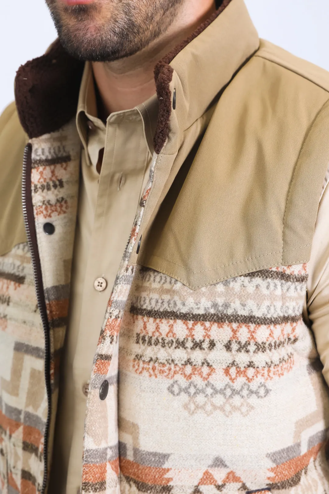 Mens Ethnic Aztec Quilted Fur Lined Beige Vest