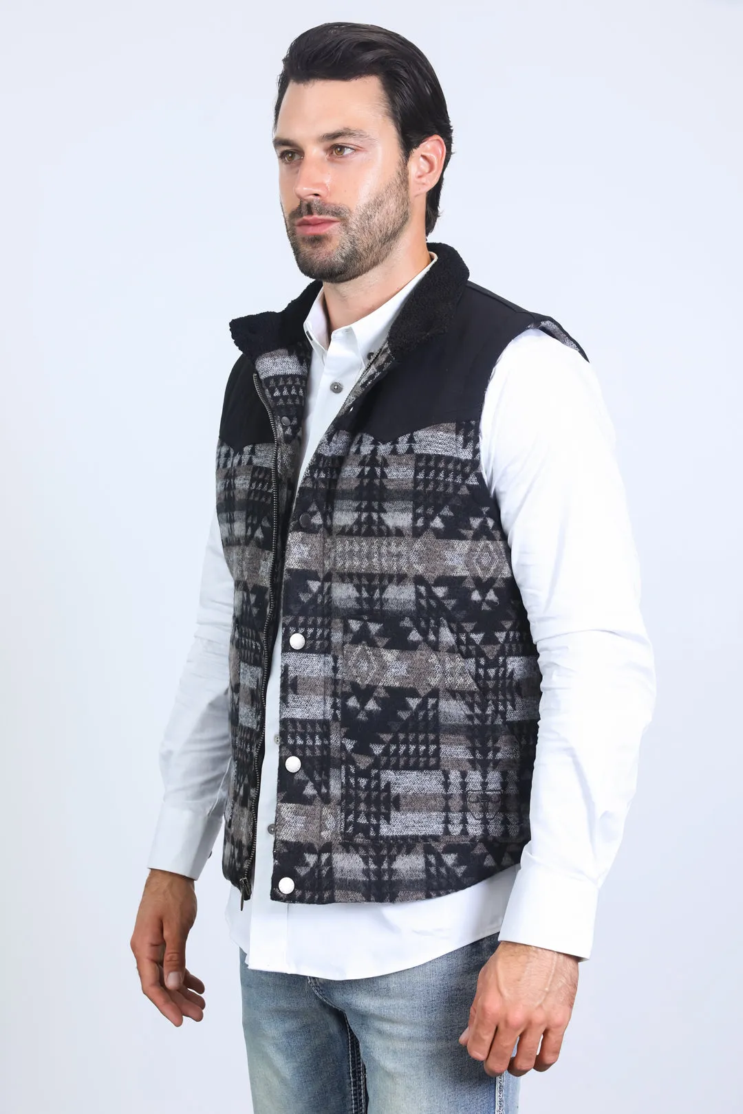 Mens Ethnic Aztec Quilted Fur Lined Black Vest