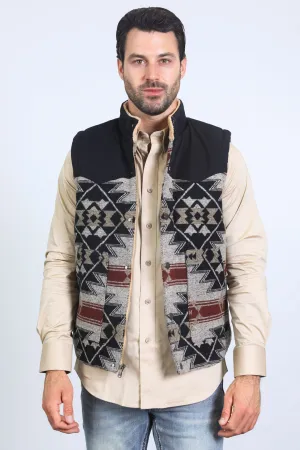 Mens Ethnic Aztec Quilted Fur Lined Black/Khaki Vest