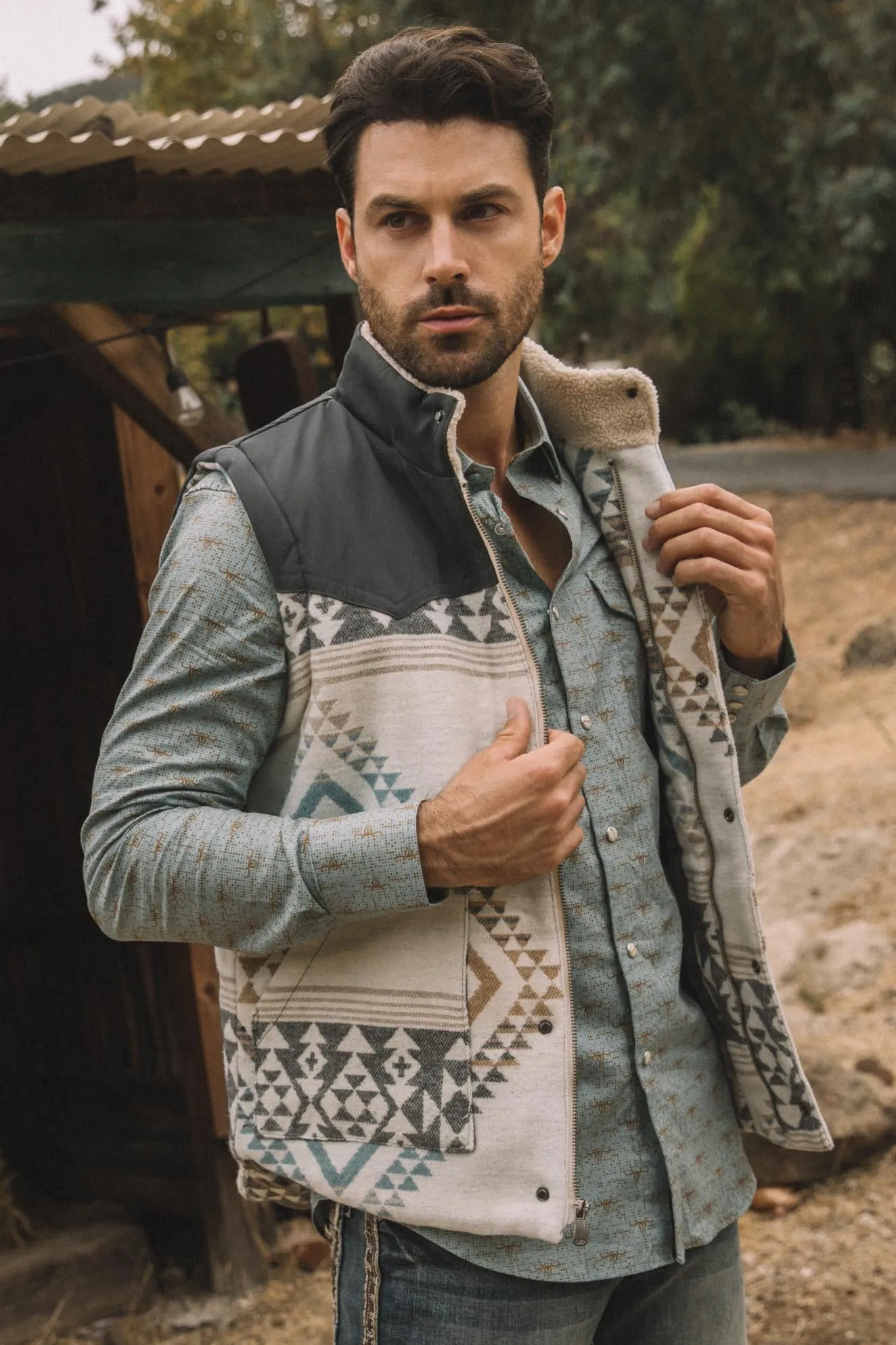 Mens Ethnic Aztec Quilted Fur Lined Charcoal Vest