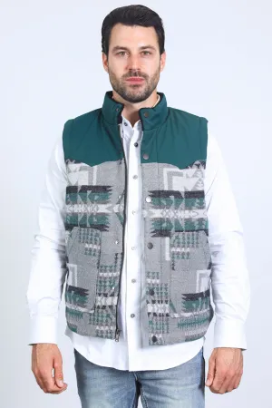 Mens Ethnic Aztec Quilted Fur Lined Green Vest