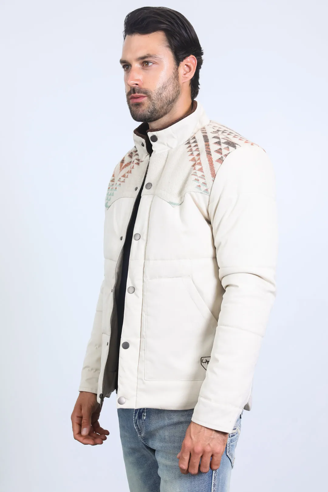 Men's Ethnic Aztec Quilted Fur Lined Twill Beige Jacket