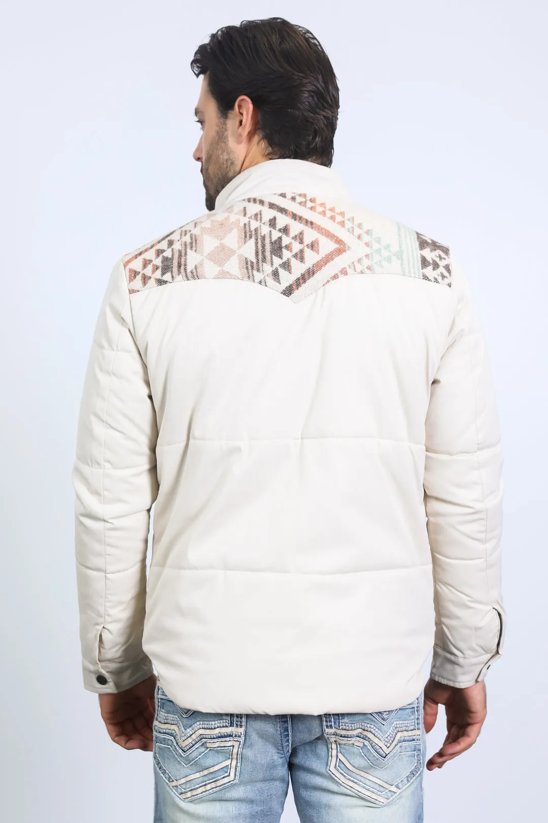 Men's Ethnic Aztec Quilted Fur Lined Twill Beige Jacket