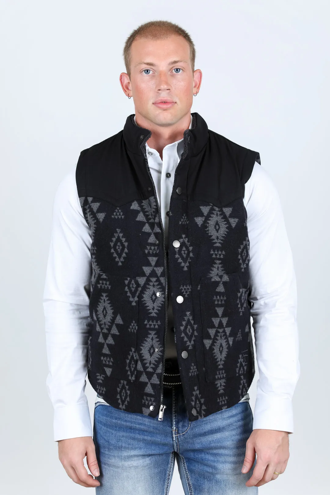 Mens Ethnic Aztec Quilted Fur Lined Vest - Black/Charcoal