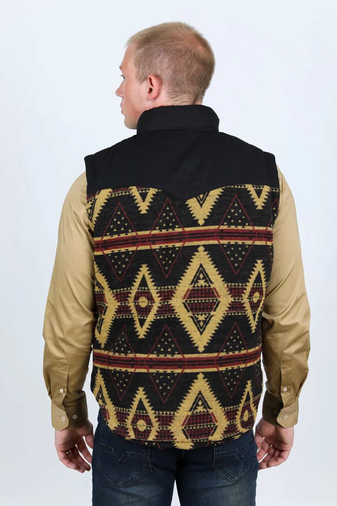 Mens Ethnic Aztec Quilted Fur Lined Vest - Black/Gold