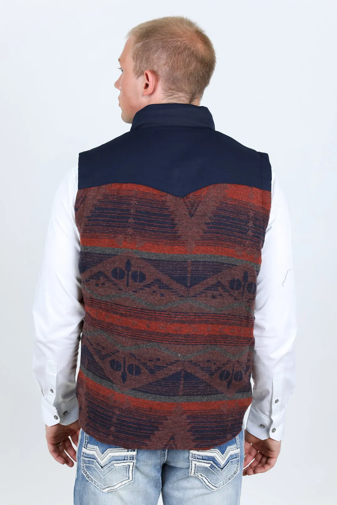 Mens Ethnic Aztec Quilted Fur Lined Vest - Navy/Burgundy