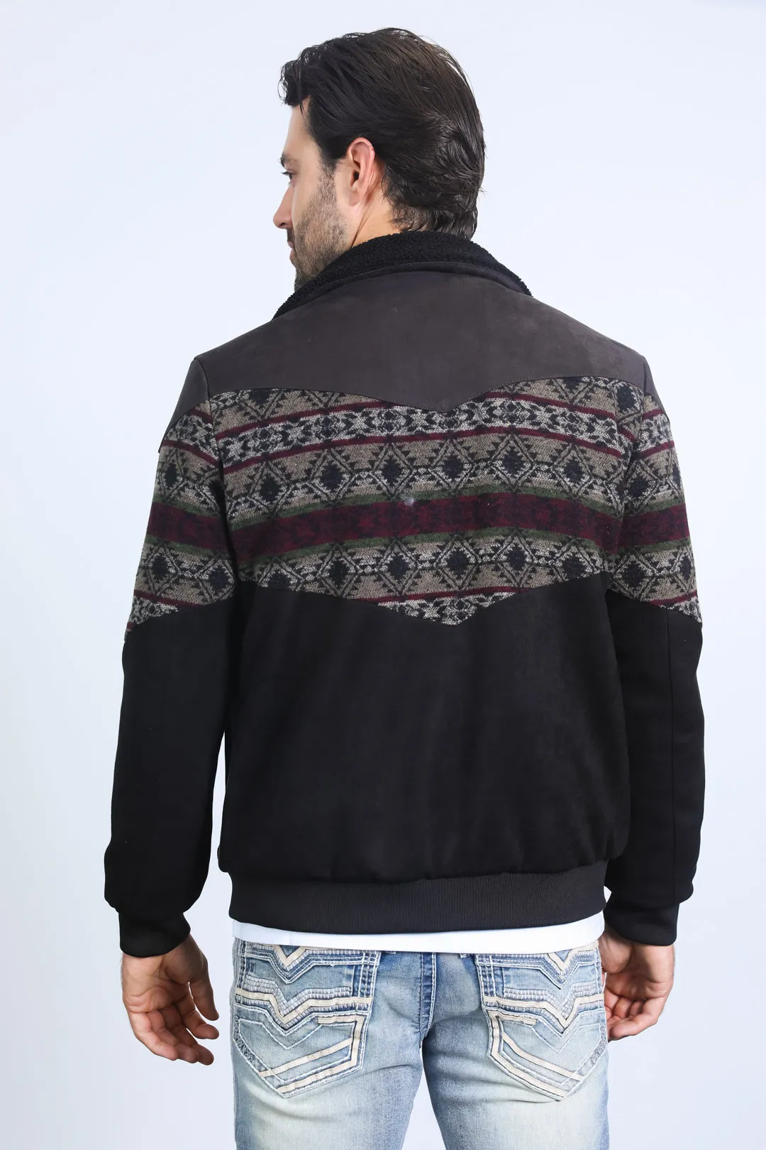 Mens Ethnic Aztec Quilted Twill Black/Charcoal Jacket W/Suede Accents